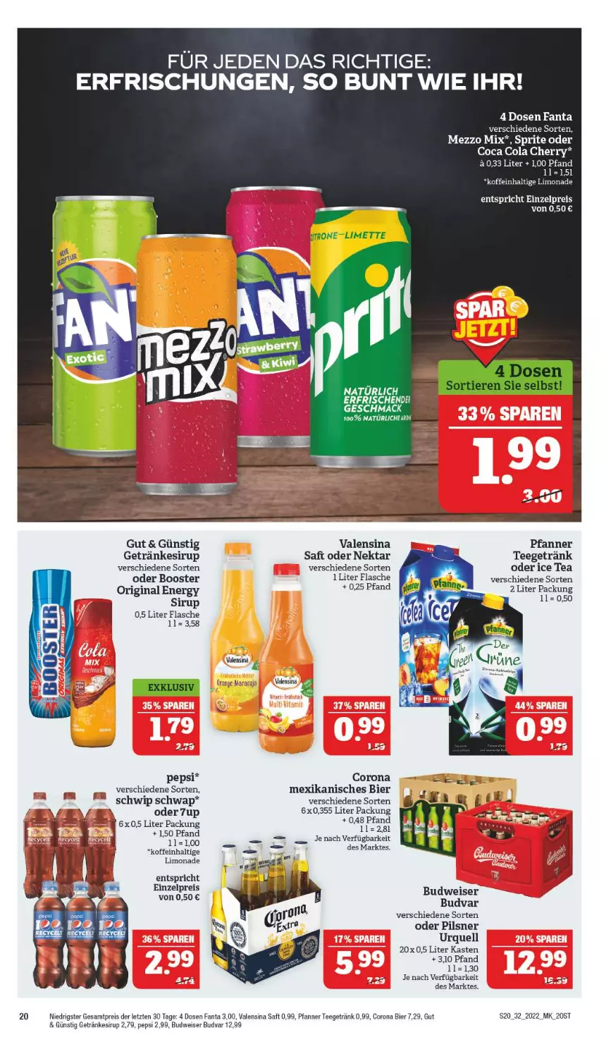 Aktueller Prospekt Marktkauf - Prospekt - von 07.08 bis 13.08.2022 - strona 20 - produkty: 7UP, bier, Brei, budweiser, cola, corona, eis, fanta, flasche, getränk, getränke, getränkesirup, gin, ice tea, limo, limonade, mac, Mezzo Mix, Nektar, pepsi, pfanne, Pfanner, pils, pilsner, pilsner urquell, reis, saft, Schwip Schwap, sirup, sprite, tee, Ti, valensina, ZTE