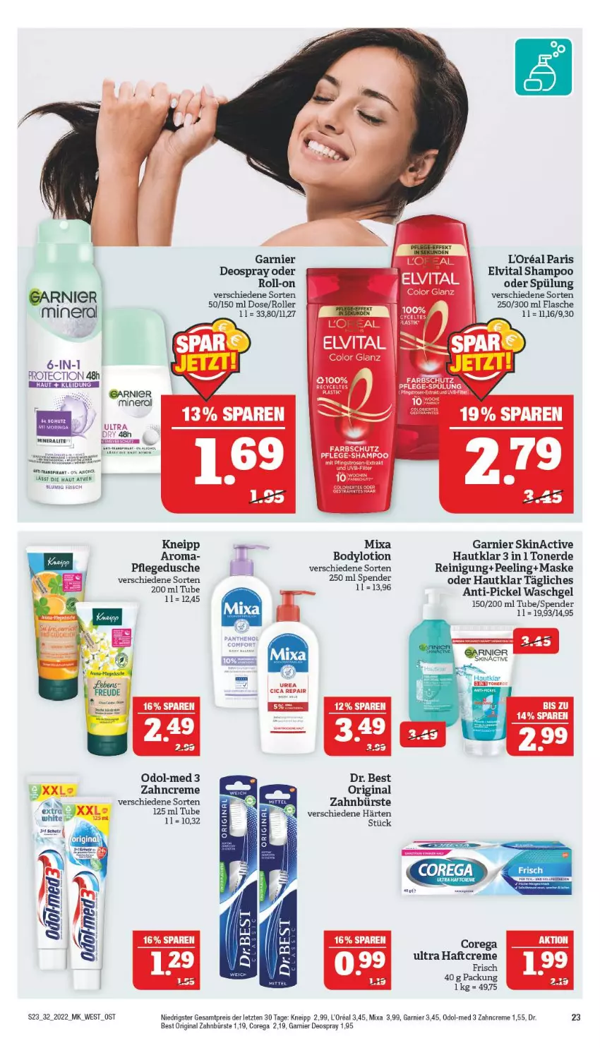 Aktueller Prospekt Marktkauf - Prospekt - von 07.08 bis 13.08.2022 - strona 23 - produkty: body, bodylotion, bürste, creme, deo, deospray, Dr. Best, dusche, eis, elvital, erde, flasche, garnier, gin, kneipp, l'oreal, Lotion, Maske, Mixa, Odol, Odol-med 3, Peeling, pflegedusche, Reinigung, reis, roll-on, Roller, shampoo, spülung, Ti, Toner, vita, waschgel, zahnbürste, zahncreme, ZTE