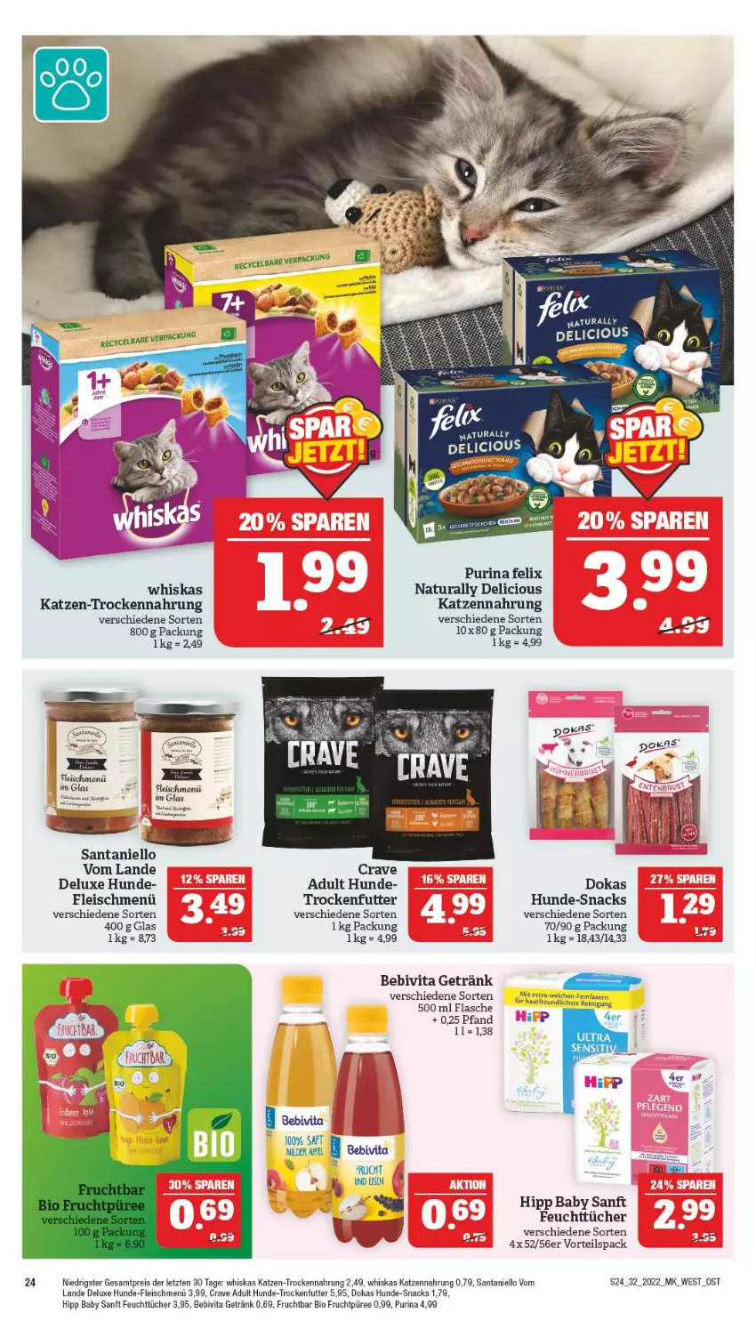 Aktueller Prospekt Marktkauf - Prospekt - von 07.08 bis 13.08.2022 - strona 24 - produkty: bebivita, bio, eis, felix, feuchttücher, flasche, fleisch, frucht, getränk, hipp, katzennahrung, natur, natura, püree, purina, reis, snack, snacks, trockenfutter, Trockennahrung, tücher, vita, whiskas, ZTE