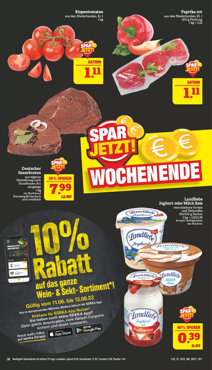 Aktueller Prospekt Marktkauf - Prospekt - von 07.08 bis 13.08.2022 - strona 38 - produkty: auer, Becher, braten, eis, joghur, joghurt, landliebe, landliebe joghurt, paprika, paprika rot, reis, rispentomaten, tomate, tomaten, ZTE