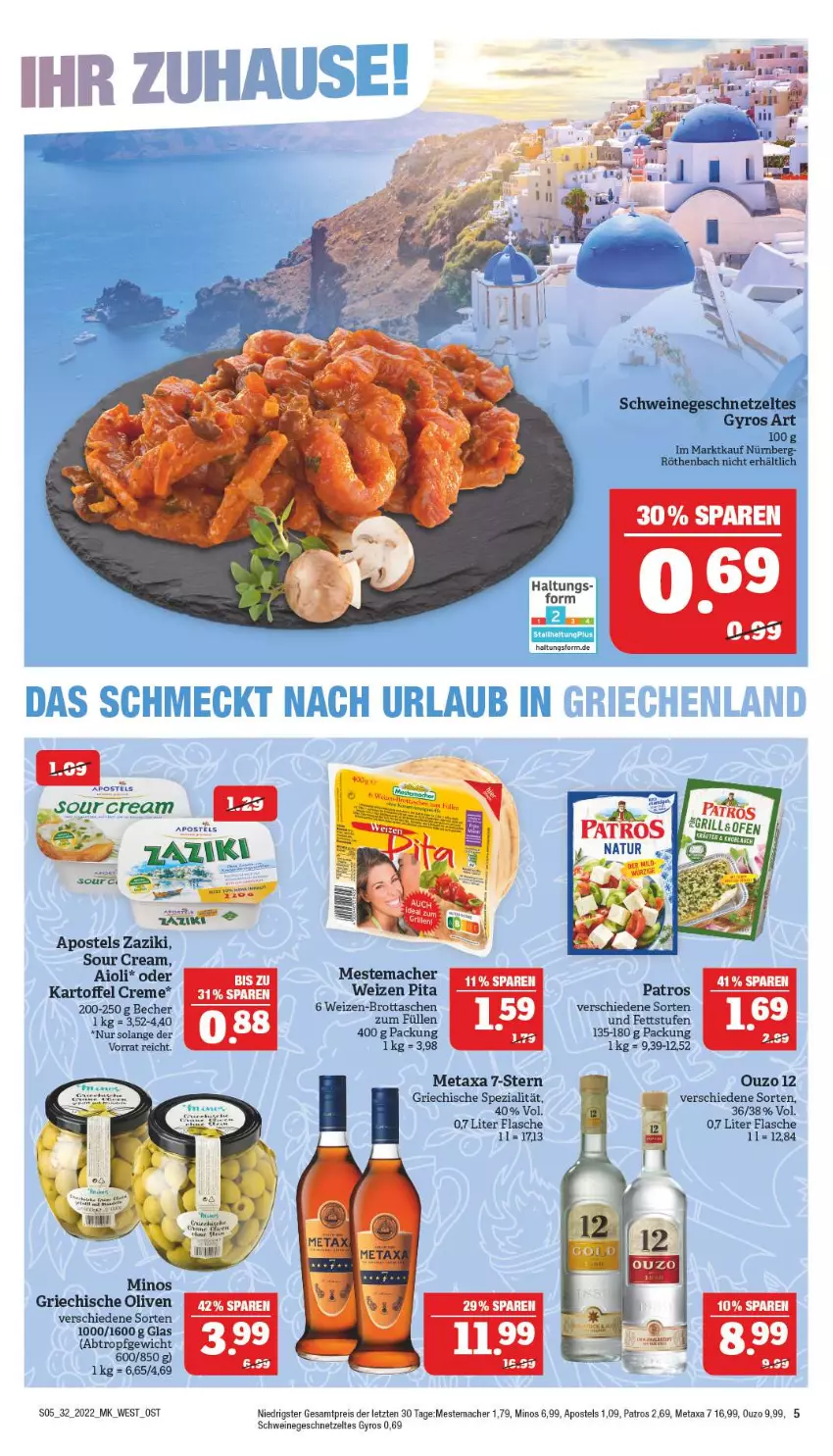 Aktueller Prospekt Marktkauf - Prospekt - von 07.08 bis 13.08.2022 - strona 5 - produkty: aioli, apostels, Becher, brot, creme, eis, flasche, geschnetzeltes, gyros, kartoffel, mac, mestemacher, Metaxa, olive, oliven, ouzo, patros, reis, schwein, schweine, sour cream, Spezi, Tasche, taschen, Ti, wein, weine, zaziki, Zelt, ZTE