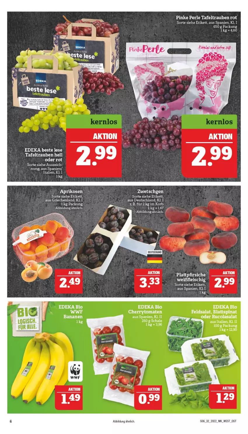 Aktueller Prospekt Marktkauf - Prospekt - von 07.08 bis 13.08.2022 - strona 6 - produkty: aprikose, aprikosen, banane, bananen, bio, blattspinat, cherrytomaten, cola, deka, edeka bio, eis, feldsalat, fleisch, pfirsich, pfirsiche, plattpfirsiche, rucola, salat, spinat, tafeltrauben, tee, Ti, tomate, tomaten, trauben