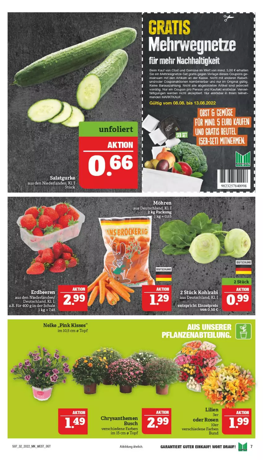 Aktueller Prospekt Marktkauf - Prospekt - von 07.08 bis 13.08.2022 - strona 7 - produkty: beere, beeren, coupon, coupons, erdbeere, erdbeeren, erde, gin, gurke, kohlrabi, Mehrwegnetze, obst, Obst und Gemüse, rel, rwe, salat, Salatgurke, Ti, und gemüse