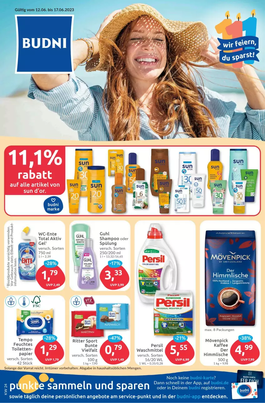 Aktueller Prospekt Budni - Prospekte - von 12.06 bis 17.06.2023 - strona 1 - produkty: aktiv gel, angebot, angebote, Bau, bio, biozidprodukte, creme, decke, elle, ente, Guhl, hochland, kaffee, megaperls, mövenpick, papier, persil, Rauch, ritter, ritter sport, rwe, shampoo, shampoo oder spülung, Sport, spülung, Ti, universal megaperls, vollwaschmittel, waschmittel, Yo