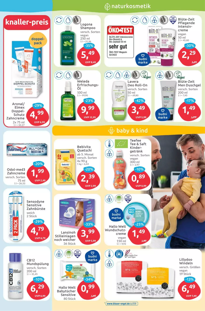 Aktueller Prospekt Budni - Prospekte - von 12.06 bis 17.06.2023 - strona 3 - produkty: auer, bebivita, Blüte, bürste, creme, deo, deo roll-on, duschgel, eis, elmex, Engel, fleisch, getränk, Kinder, lavera, magazin, mundspülung, Odol, reis, roll-on, saft, sensodyne, shampoo, spülung, tee, Ti, tücher, vita, weleda, windeln, Yo, zahnbürste, zahncreme