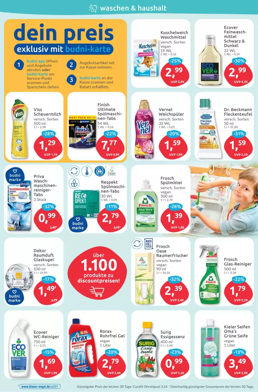 Aktueller Prospekt Budni - Prospekte - von 12.06 bis 17.06.2023 - strona 4 - produkty: angebot, auer, Brufen, discount, Dr. Beckmann, eis, Engel, ente, essig, Finish, Frosch, Glaskugel, Heu, Kugel, Kuschelweich, Lotion, milch, Raumduft, Raumerfrischer, reiniger, reis, rorax, scheuermilch, Seife, spülmittel, Ti, vernel, waschmittel, wc-reiniger, weichspüler, ZTE