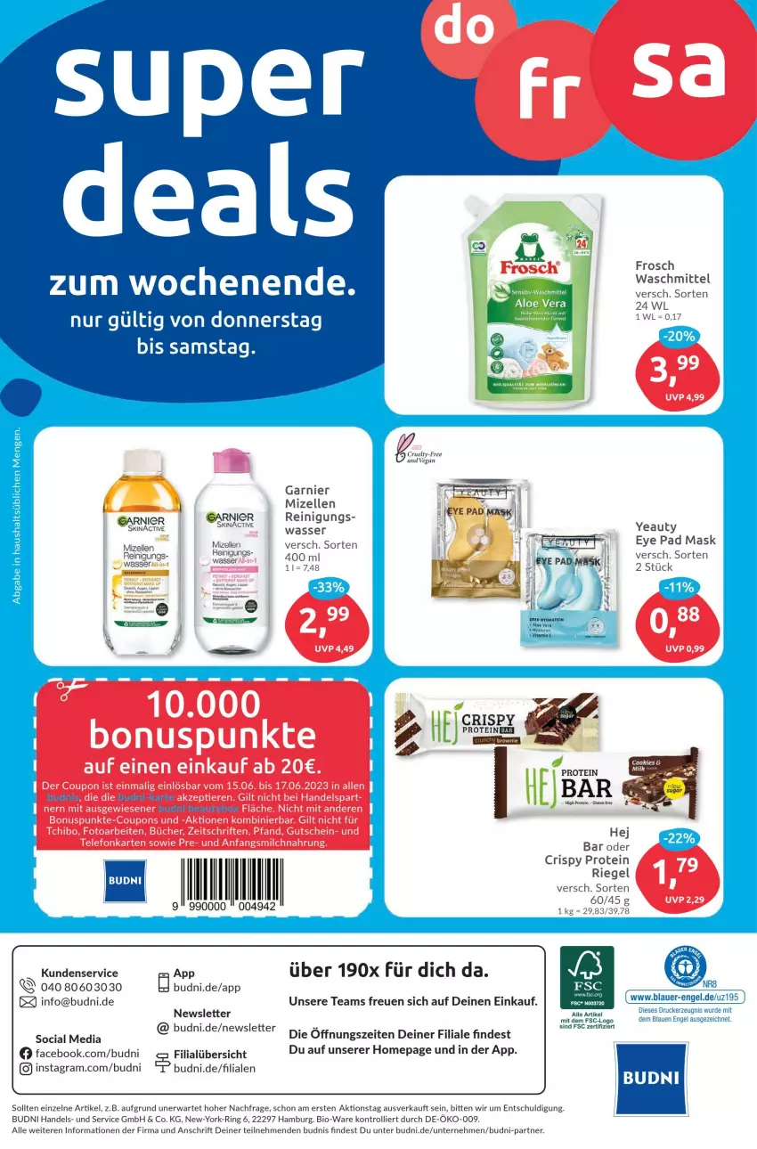 Aktueller Prospekt Budni - Prospekte - von 12.06 bis 17.06.2023 - strona 8 - produkty: aloe vera, auer, bio, cookie, cookies, drucker, elle, Engel, garnier, kerze, mizellen, Omep, Reinigung, riegel, ring, Ti, trolli, waschmittel, Yo