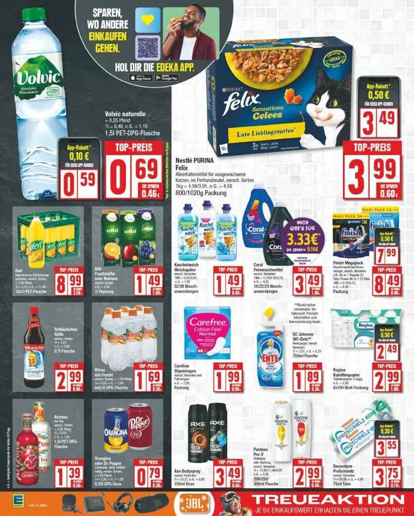 Aktueller Prospekt Edeka - Prospekte - von 18.11 bis 23.11.2024 - strona 14 - produkty: alleinfuttermittel, arla, axe, beutel, bio, body, bodyspray, Coral, deka, ente, feinwaschmittel, felix, flasche, Kamill, kamille, papier, portionsbeutel, purina, Rauch, Ria, rwe, sensodyne, slip, slipeinlagen, Ti, waschmittel