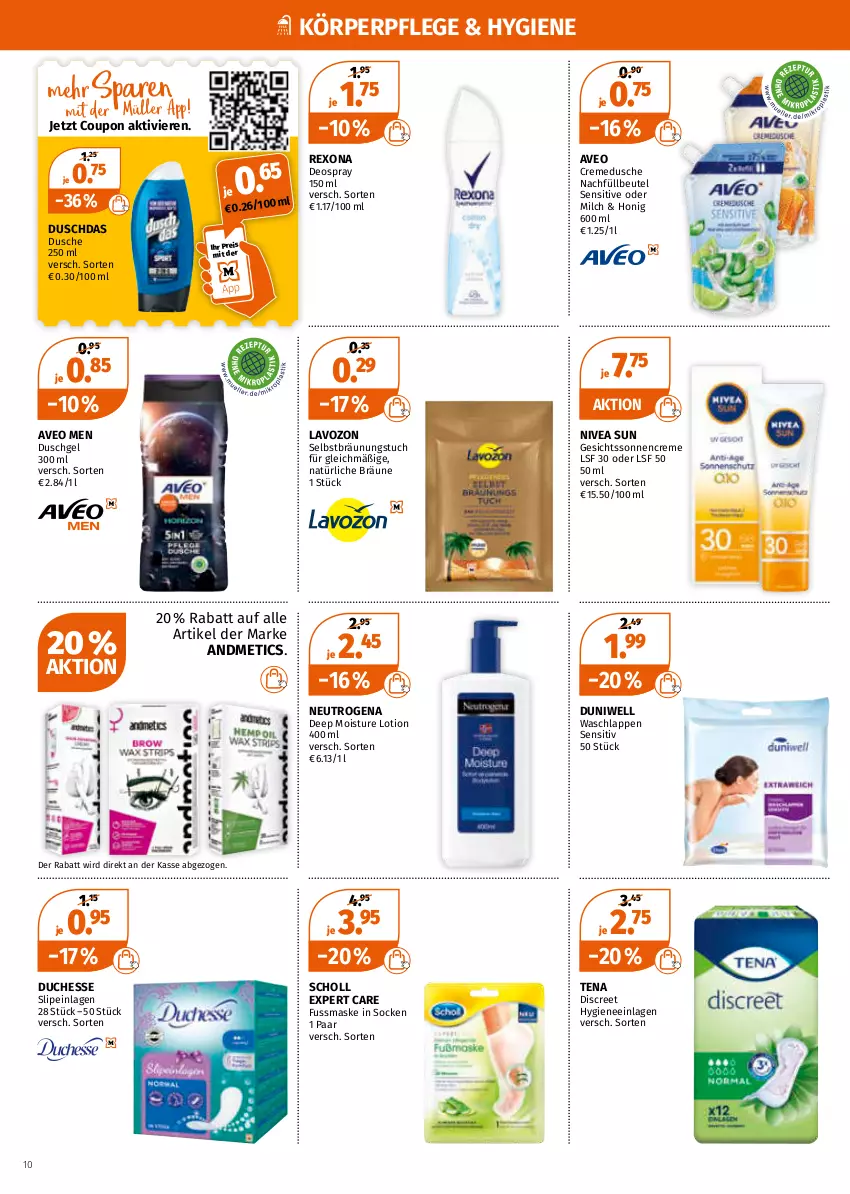 Aktueller Prospekt Mueller - Müller Prospekt - von 04.04 bis 09.04.2022 - strona 10 - produkty: aveo, beutel, coupon, creme, cremedusche, deo, deospray, deospray 150 ml, Discreet, duni, Duniwell, duschdas, dusche, duschgel, eis, honig, körperpflege, Lotion, Maske, milch, neutrogena, nivea, nivea sun, reis, rexona, scholl, slip, slipeinlagen, socken, sonnencreme, Ti, tuc, waschlappen