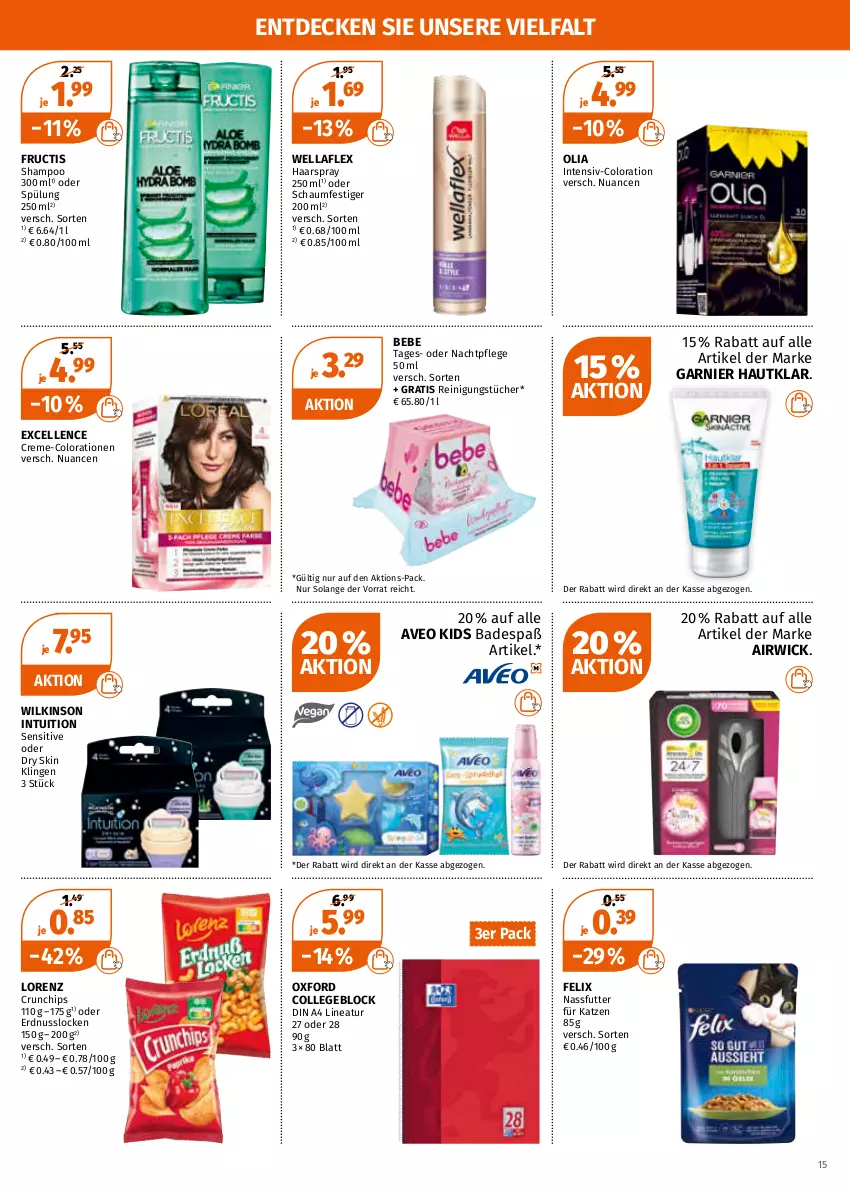 Aktueller Prospekt Mueller - Müller Prospekt - von 04.04 bis 09.04.2022 - strona 15 - produkty: airwick, aveo, Bad, Bebe, chips, collegeblock, Colorationen, creme, crunchips, decke, din a4, elle, erdnuss, felix, fructis, garnier, haarspray, lorenz, lorenz crunchips, nachtpflege, nassfutter, Nuance, nuss, oder schaumfestiger, Reinigung, reinigungstücher, schaumfestiger, shampoo, spülung, Ti, tücher, Wella, wellaflex, WICK, wilkinson