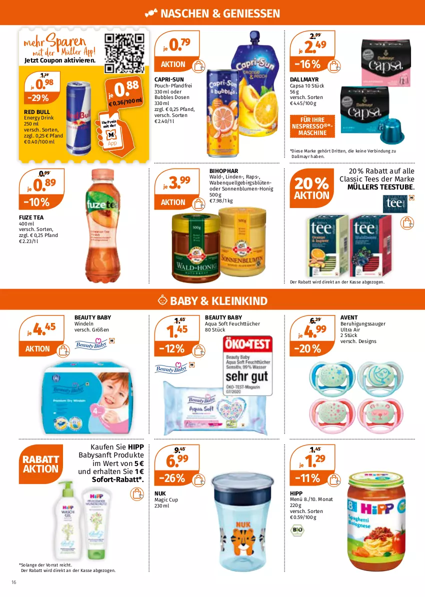 Aktueller Prospekt Mueller - Müller Prospekt - von 04.04 bis 09.04.2022 - strona 16 - produkty: aqua, Beruhigungssauger, bihophar, blume, blumen, Blüte, Cap, capri-sun, coupon, dallmayr, dallmayr capsa, drink, eis, energy drink, espresso, feuchttücher, fuze tea, hipp, honig, LG, Müller, nespresso, nuk, red bull, reis, sofort-rabatt, sonnenblume, sonnenblumen, stube, tee, Ti, tücher, windeln