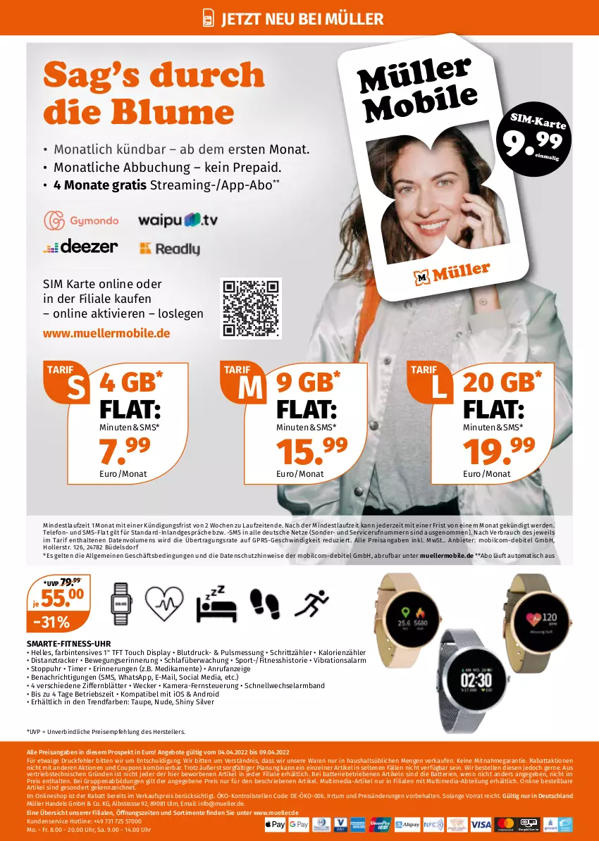 Aktueller Prospekt Mueller - Müller Prospekt - von 04.04 bis 09.04.2022 - strona 24 - produkty: Abtei, angebot, angebote, Armband, auto, batterie, batterien, blume, buch, coupon, coupons, debitel, eis, elle, ente, erde, kamera, LG, mobilcom-debitel, Müller, Rauch, reis, sim, Sport, telefon, teller, Ti, timer, tisch, uhr, weck