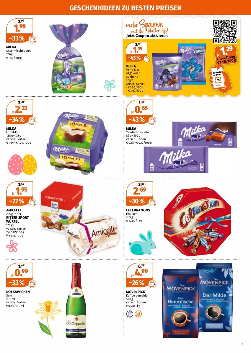 Aktueller Prospekt Mueller - Müller Prospekt - von 04.04 bis 09.04.2022 - strona 5 - produkty: amicelli, beutel, bonbons, coupon, eier, eis, kaffee, Löffel, milka, mövenpick, mövenpick kaffee, reis, ritter, ritter sport, rotkäppchen, schoko, schokolade, sekt, Sport, tafelschokolade, Ti, würfel