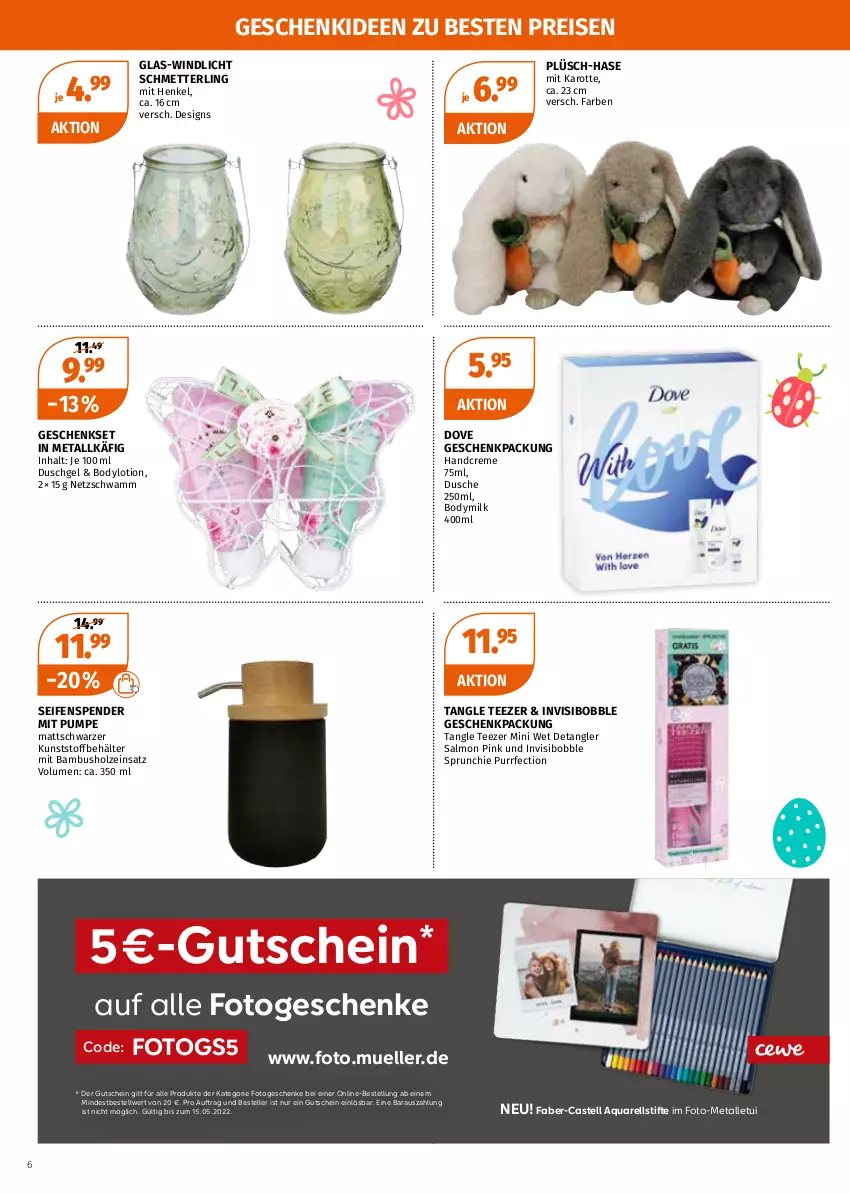 Aktueller Prospekt Mueller - Müller Prospekt - von 04.04 bis 09.04.2022 - strona 6 - produkty: aqua, bambus, Behälter, body, bodylotion, Bodymilk, creme, dove, dusche, duschgel, eis, elle, geschenkpackung, geschenkset, gutschein, handcreme, henkel, Holz, Lotion, Mett, Plüsch, reis, rel, Schmetterling, schwamm, Seife, seifenspender, stifte, Tangle Teezer, tee, teller, Ti, windlicht