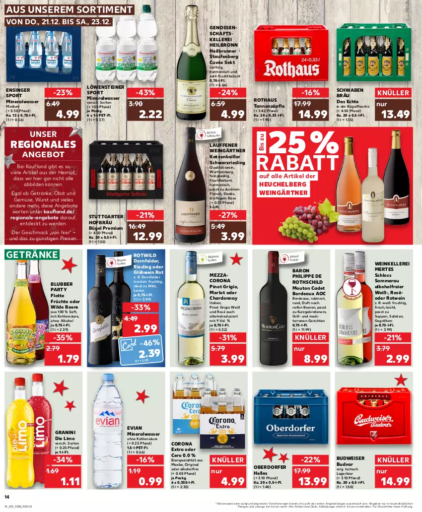 Aktueller Prospekt Kaufland - Prospekt - von 21.12 bis 23.12.2023 - strona 14 - produkty: alkohol, Alwa, angebot, angebote, beere, beeren, bier, braten, Bronner, budweiser, bügel, bügelflasche, chardonnay, corona, corona extra, cuvée, dornfelder, eier, eis, elle, erde, flasche, fleisch, frucht, früchte, getränk, getränke, gin, Glühwein, granini, granini die limo, grill, Heu, Käse, Lagerbier, lamm, limo, mac, merl, merlot, mineralwasser, obst, Obst und Gemüse, ohne alkohol, Pinot, pinot grigio, qualitätswein, reifen, reis, riesling, rotwein, Rubin, saft, salat, salate, schwarzriesling, sekt, Spezi, Sport, steak, steaks, steiner, suppe, suppen, Ti, und gemüse, wasser, wein, Weißwein, Wild, wurst, ZTE