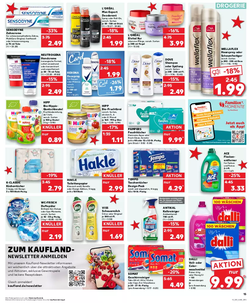 Aktueller Prospekt Kaufland - Prospekt - von 21.12 bis 23.12.2023 - strona 15 - produkty: angebot, angebote, aqua, beutel, bio, Brei, Cap, citrus, colorwaschmittel, coupon, coupons, creme, dalli, deo, deodorant, deospray, dove, elle, elvital, ente, feuchttücher, Fleckenentferner, frucht, geschirr, gewinnspiel, gin, haarspray, hakle, hakle toilettenpapier, handcreme, Heu, hipp, Kalkreiniger, Kamill, kamille, küche, Küchen, küchentücher, milch, neutrogena, oder schaumfestiger, pampers, papier, quetschbeutel, reiniger, Reinigung, rexona, rezept, roll-on, rwe, schaumfestiger, scheuermilch, sensodyne, shampoo, shampoo oder spülung, somat, Spiele, spülung, Tasche, taschen, taschentücher, Tempo, Ti, toilettenpapier, tücher, vita, waschmittel, Wella, wellaflex, zahncreme