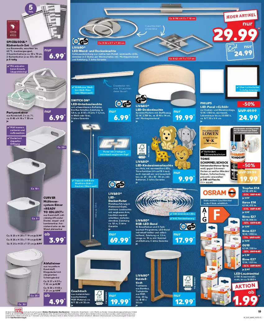 Aktueller Prospekt Kaufland - Prospekt - von 21.12 bis 23.12.2023 - strona 19 - produkty: Abfalleimer, auer, bambus, batterie, batterien, Bau, baumwolle, beistelltisch, Container, Couch, couchtisch, decke, Deckel, deckenfluter, deckenleuchte, eimer, eis, erde, Ergee, fernbedienung, flasche, geschirr, geschirrtücher, Holz, HP, kerze, Kinder, Kinderzimmer, küche, Küchen, küchentücher, latte, led-deckenleuchte, leds, leimer, Leuchte, leuchten, leuchtmittel, merl, ndk, Philips, Rauch, reis, Ria, rwe, Schal, Schale, schuhe, Ti, Tiere, timer, tisch, tischplatte, Trockner, tuc, tücher, versandkostenfrei, wolle, ZTE