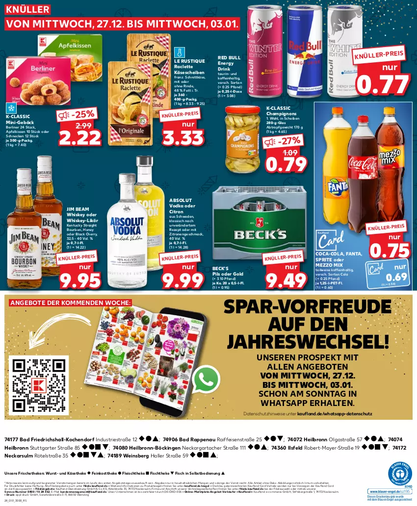 Aktueller Prospekt Kaufland - Prospekt - von 21.12 bis 23.12.2023 - strona 28 - produkty: Absolut Vodka, angebot, angebote, apfel, Astra, Bad, beck's, berliner, bio, bourbon, champignon, champignons, coca-cola, cola, drink, drucker, eis, energy drink, Engel, erde, fanta, feinkost, feinkosttheke, fisch, fischtheke, fleisch, jim beam, Käse, käsescheiben, käsetheke, kentucky straight, kerze, kissen, lack, Le Rustique, LG, likör, mac, Mezzo Mix, pils, Raclette Käse, red bull, rezept, rind, schnittkäse, sprite, Ti, tuc, vodka, wein, whiskey, wurst, zitrone, zitronen, ZTE