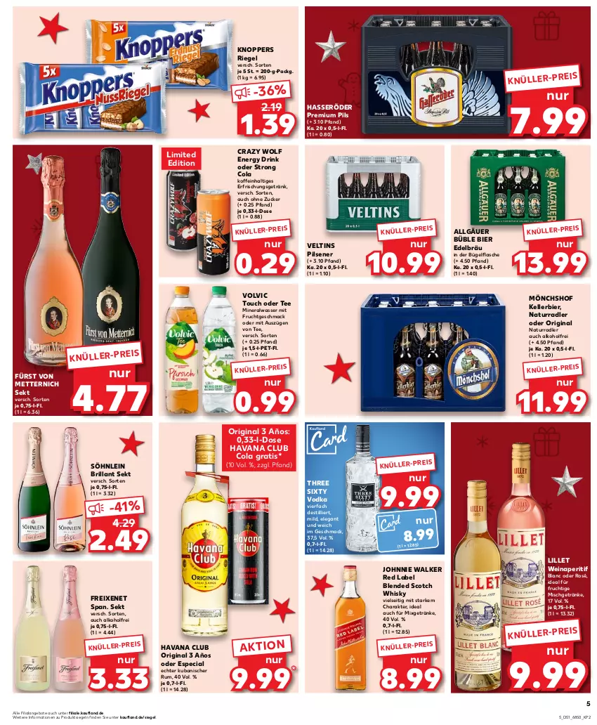 Aktueller Prospekt Kaufland - Prospekt - von 21.12 bis 23.12.2023 - strona 5 - produkty: alkohol, Alwa, angebot, angebote, aperitif, bier, blended scotch, blended scotch whisky, brillant sekt, bügel, bügelflasche, cola, drink, eis, elle, energy drink, erfrischungsgetränk, flasche, freixenet, frucht, fürst von metternich, getränk, getränke, gin, hasseröder, Havana Club, johnnie walker, kellerbier, knoppers, LG, lillet, mac, Mett, metternich, mineralwasser, mit frucht, Mixgetränk, mönchshof, natur, pils, pilsener, premium pils, radler, riegel, rum, scotch, scotch whisky, sekt, söhnlein, söhnlein brillant, tee, Three Sixty, Ti, veltins, veltins pilsener, vodka, volvic, wasser, wein, whisky, zucker