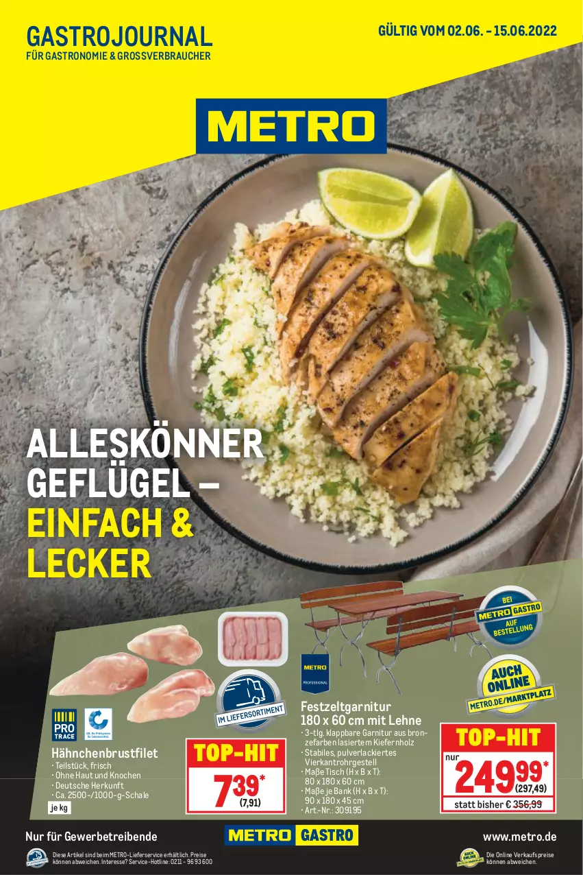 Aktueller Prospekt Metro - GastroJournal - von 02.06 bis 15.06.2022 - strona 1 - produkty: Bank, brustfilet, eis, filet, garnitur, Geflügel, hähnchenbrust, hähnchenbrustfilet, Holz, lack, LG, lieferservice, Metro, Rauch, reis, Schal, Schale, Ti, tisch, top-hit, Zelt