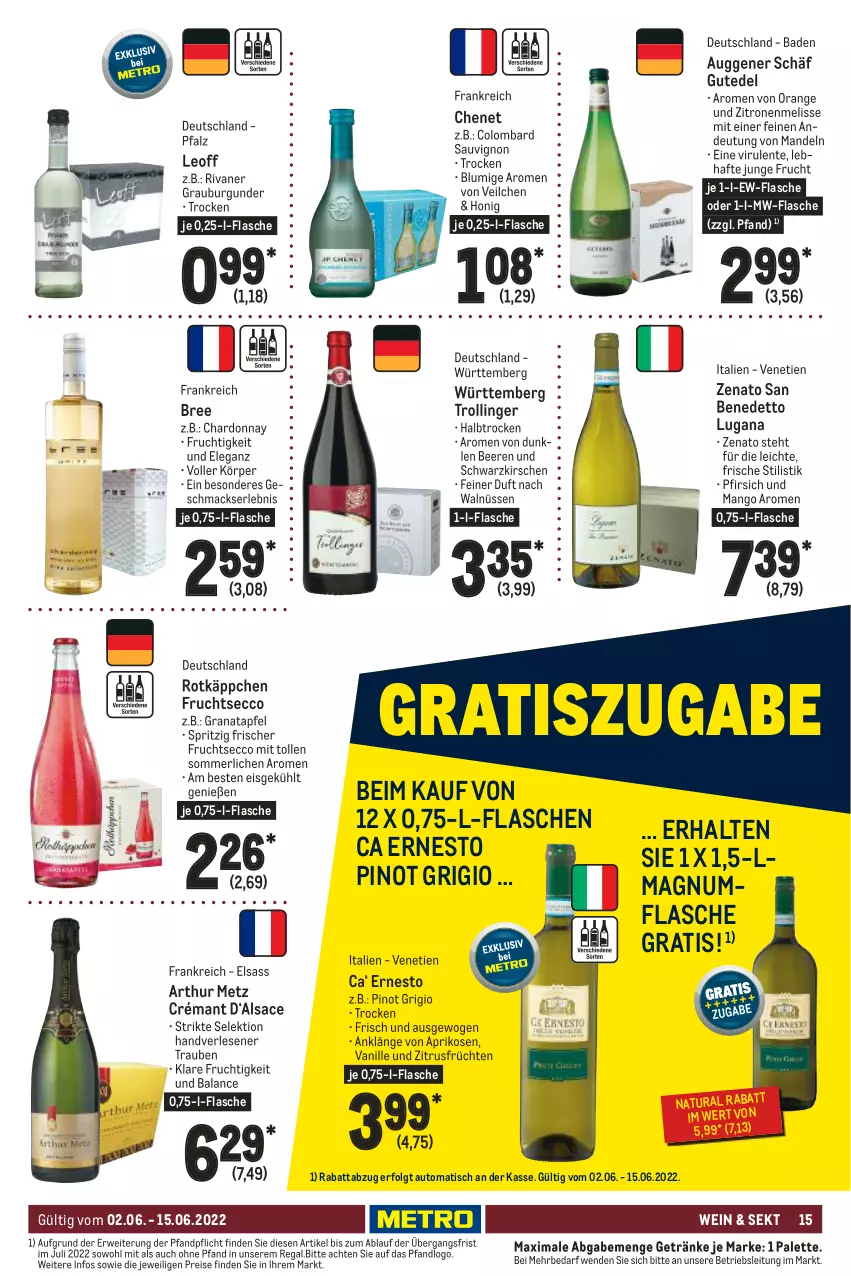 Aktueller Prospekt Metro - GastroJournal - von 02.06 bis 15.06.2022 - strona 15 - produkty: apfel, aprikose, aprikosen, auto, Bad, beere, beeren, bree, burgunder, chardonnay, ecco, eis, ente, ernesto, flasche, frucht, früchte, früchten, fruchtsecco, getränk, getränke, grana, granatapfel, grauburgunder, honig, kirsch, kirsche, kirschen, LG, mac, magnum, mandel, mandeln, mango, merl, mw-flasche, natur, natura, orange, Palette, pfirsich, Pinot, pinot grigio, Rana, regal, reis, Rivaner, rotkäppchen, rwe, sac, sauvignon, sekt, Ti, tisch, trauben, trolli, trollinger, vanille, wein, zitrone, zitronen