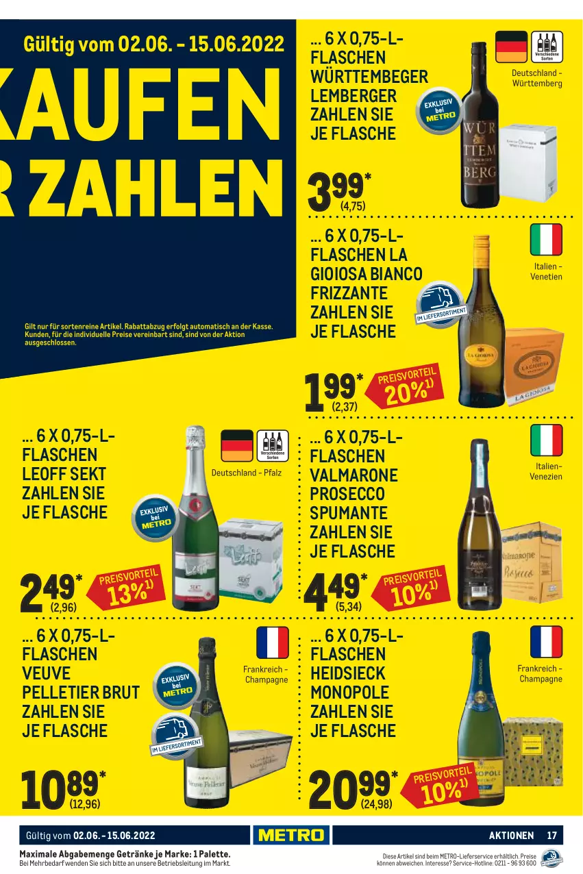 Aktueller Prospekt Metro - GastroJournal - von 02.06 bis 15.06.2022 - strona 17 - produkty: Berger, brut, champagne, ecco, eis, elle, flasche, frizzante, getränk, getränke, La Gioiosa, lieferservice, Metro, Palette, prosecco, puma, reis, sekt, spumante, Ti