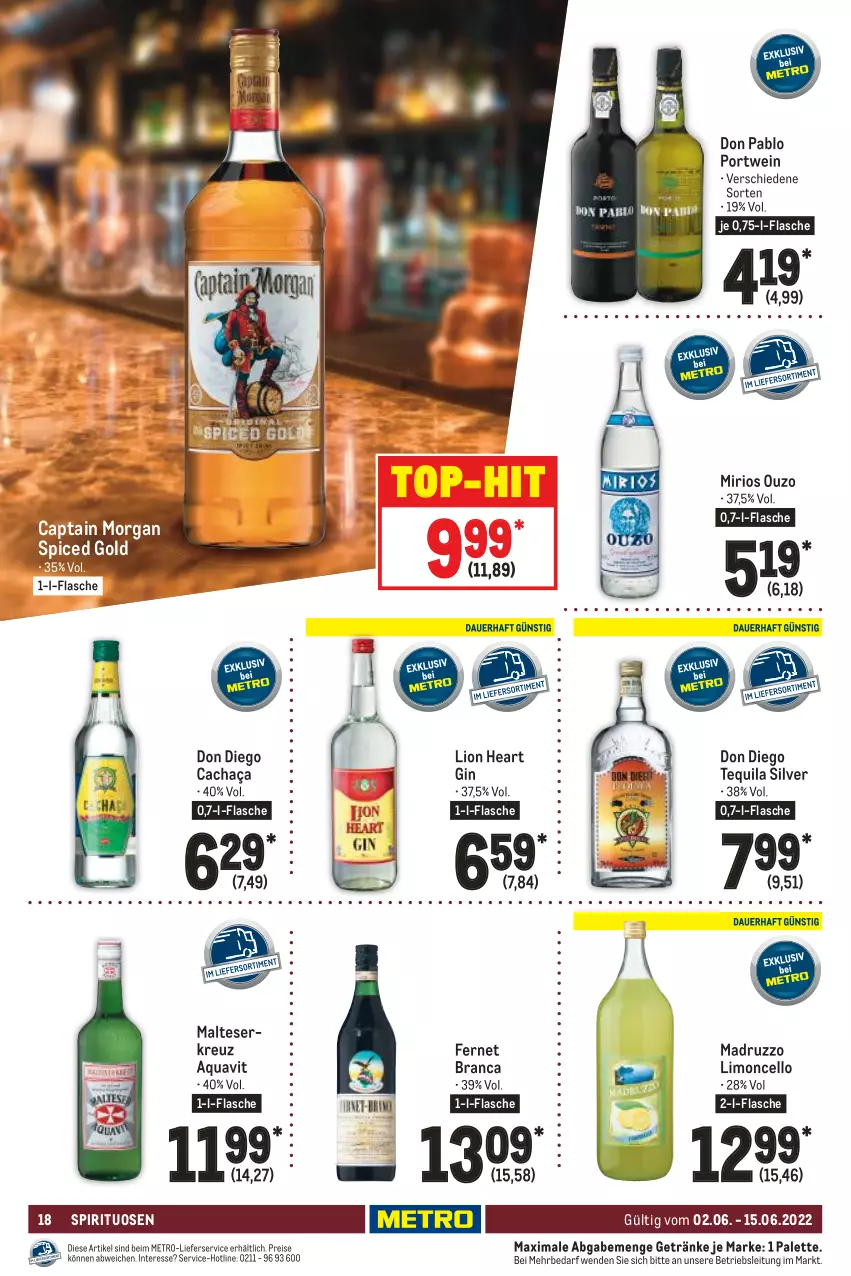 Aktueller Prospekt Metro - GastroJournal - von 02.06 bis 15.06.2022 - strona 18 - produkty: aqua, aquavit, cachaça, Cap, captain morgan, eis, Fernet, fernet branca, flasche, getränk, getränke, gin, lieferservice, limo, lion, malteser, Metro, ouzo, Palette, Portwein, reis, spirituosen, tequila, Ti, top-hit, wein