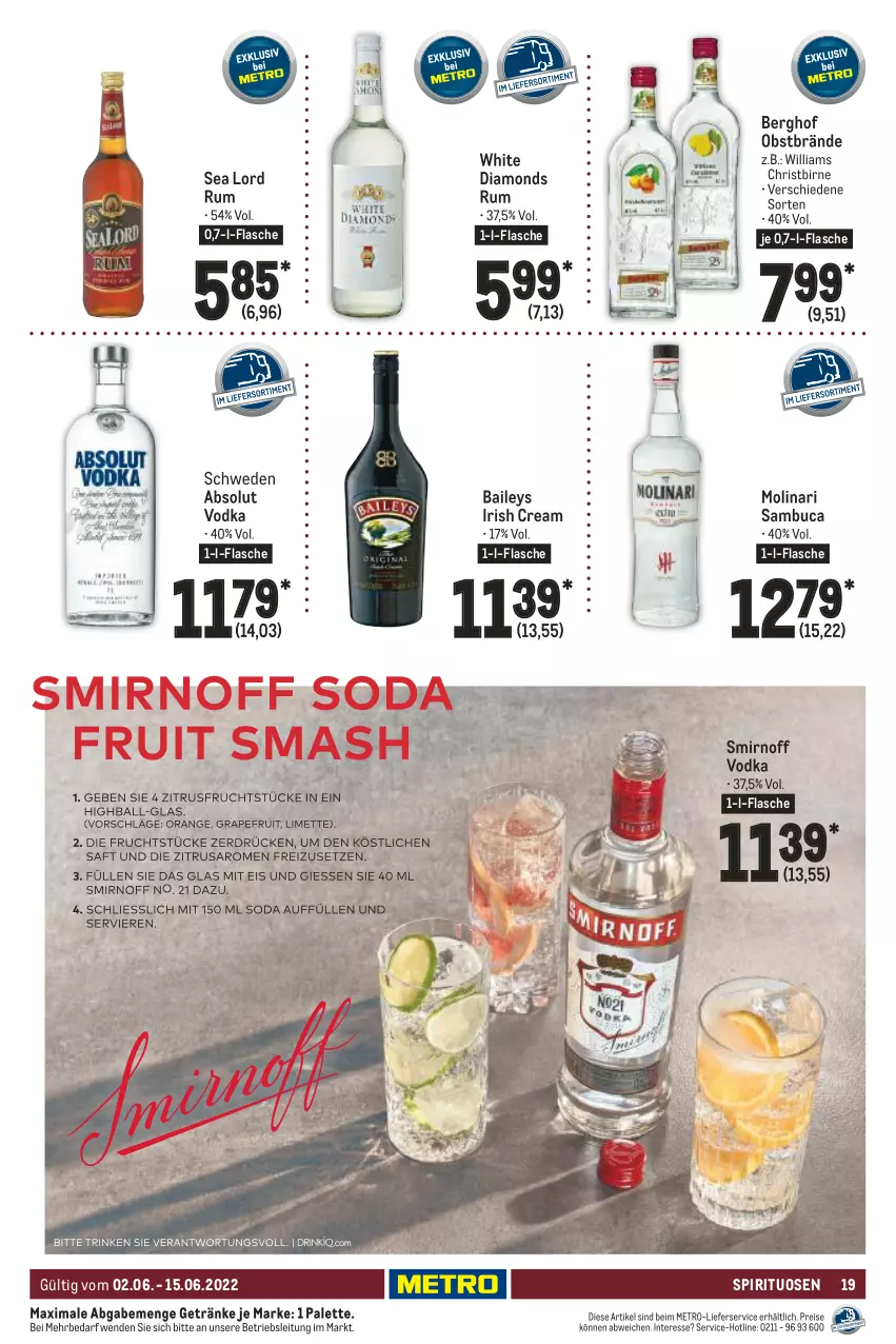 Aktueller Prospekt Metro - GastroJournal - von 02.06 bis 15.06.2022 - strona 19 - produkty: Absolut Vodka, baileys, eis, flasche, getränk, getränke, irish cream, lieferservice, Metro, Molinari, obst, Palette, reis, rum, sambuca, smirnoff, spirituosen, Ti, vodka