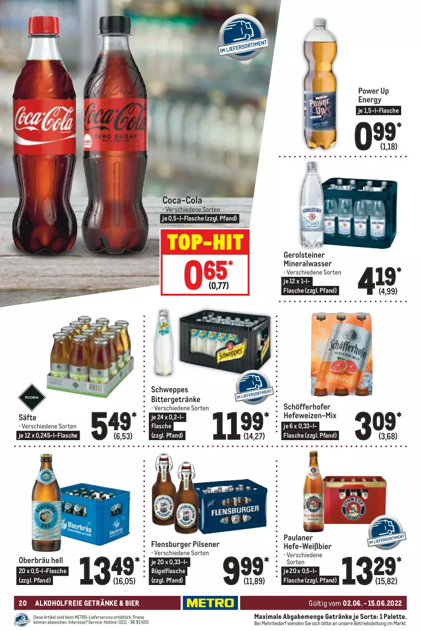 Aktueller Prospekt Metro - GastroJournal - von 02.06 bis 15.06.2022 - strona 20 - produkty: alkohol, alkoholfreie getränke, Alwa, bier, bügel, bügelflasche, burger, coca-cola, cola, eis, flasche, flensburger, gerolsteine, gerolsteiner, getränk, getränke, Hefe, hefeweizen, lieferservice, Metro, mineralwasser, Palette, Paula, paulaner, pils, pilsener, reis, säfte, schöfferhofer, schweppes, steiner, Ti, top-hit, wasser