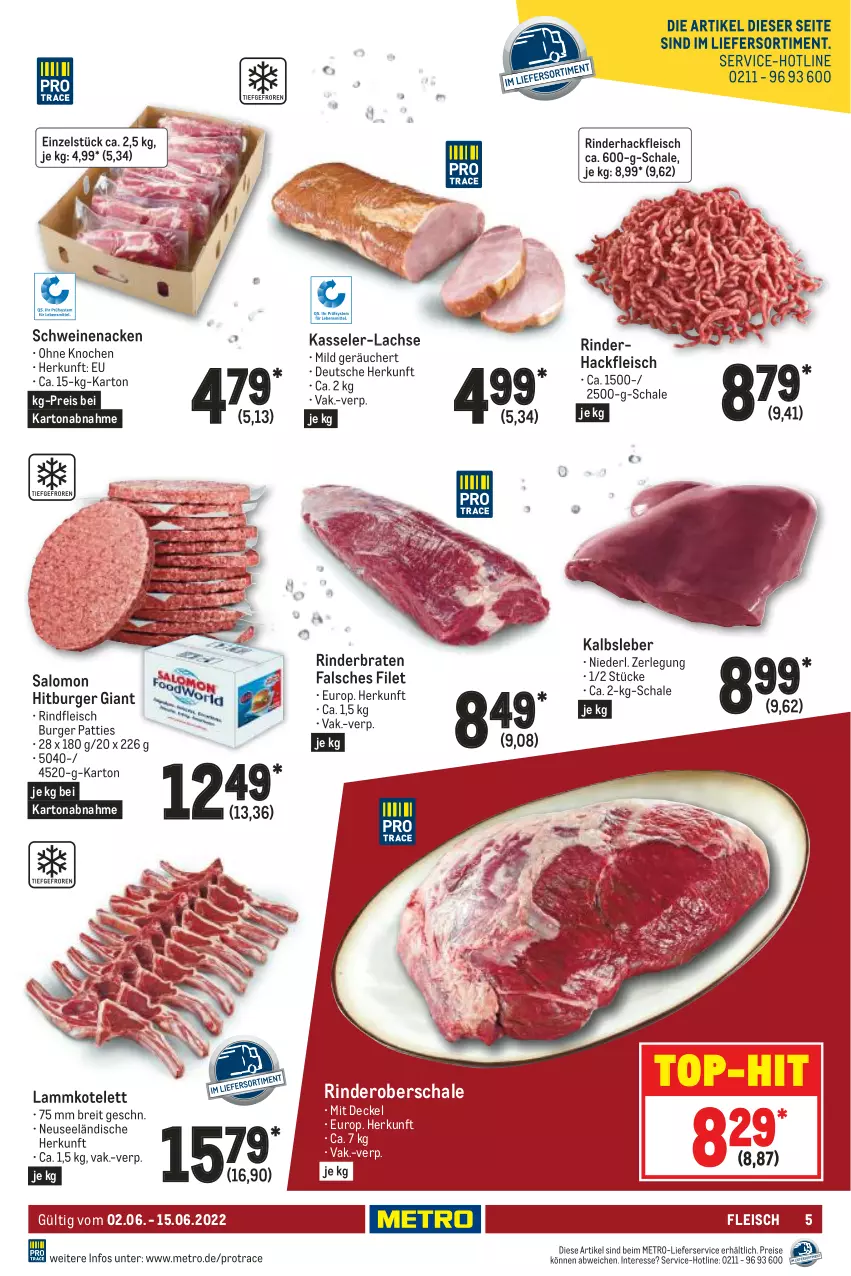 Aktueller Prospekt Metro - GastroJournal - von 02.06 bis 15.06.2022 - strona 5 - produkty: braten, Brei, burger, decke, Deckel, eis, Falsches Filet, filet, fleisch, hackfleisch, Kalbsleber, kasseler, kotelett, lachs, lamm, lammkotelett, lieferservice, Metro, reis, rind, rinder, rinderbraten, rinderhackfleisch, rindfleisch, salomon, Schal, Schale, schwein, schweine, schweinenacken, Ti, top-hit, wein, weine