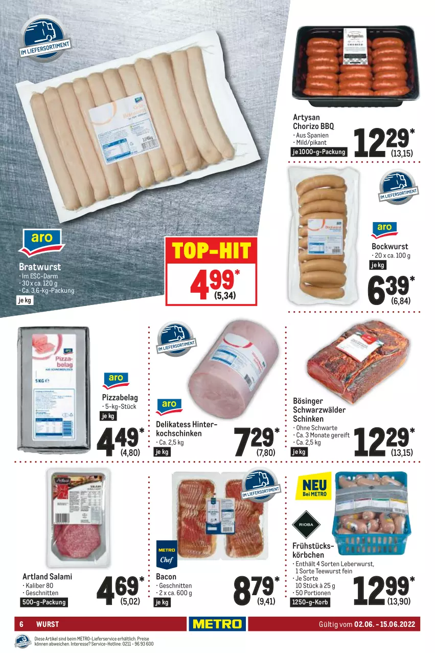 Aktueller Prospekt Metro - GastroJournal - von 02.06 bis 15.06.2022 - strona 6 - produkty: bacon, bockwurst, bratwurst, chorizo, eis, hinterkochschinken, kochschinken, korb, Körbchen, leberwurst, lieferservice, Metro, pizza, reis, salami, schinken, schnitten, schwarzwälder schinken, tee, teewurst, Ti, top-hit, wurst