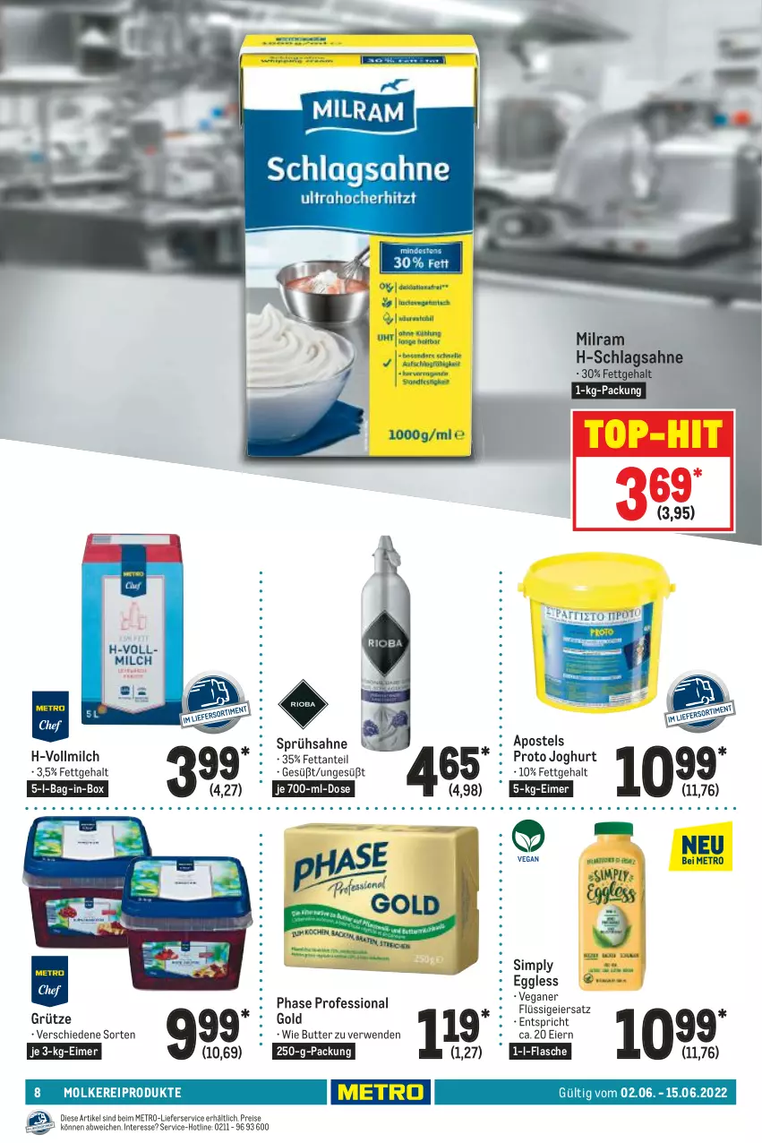 Aktueller Prospekt Metro - GastroJournal - von 02.06 bis 15.06.2022 - strona 8 - produkty: apostels, bag-in-box, butter, eier, eimer, eis, flasche, grütze, joghur, joghurt, lieferservice, Metro, milch, milram, molkereiprodukte, reis, rwe, sahne, schlagsahne, sim, Ti, top-hit, vollmilch