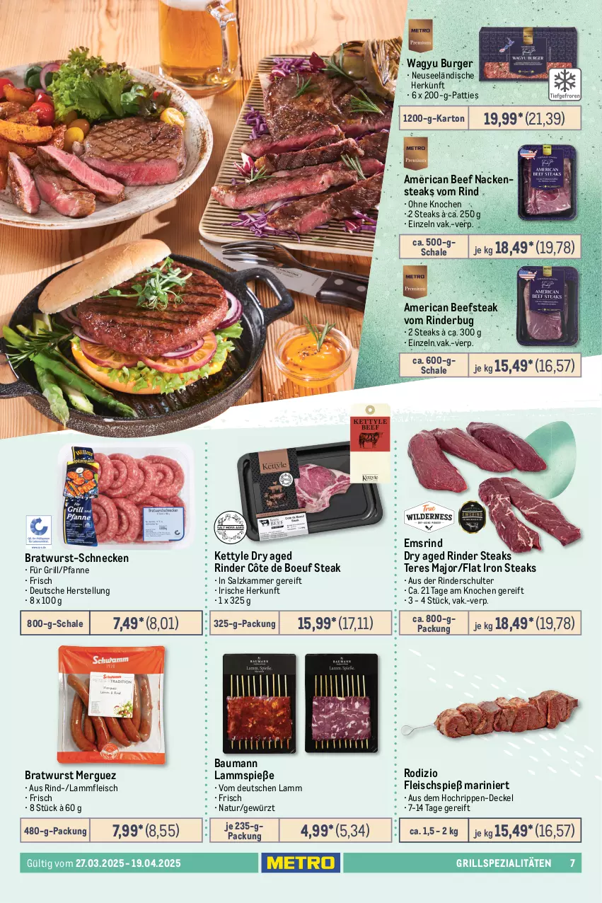 Aktueller Prospekt Metro - Feinkost Spezial - von 27.03 bis 19.04.2025 - strona 7 - produkty: Bau, beef, bratwurst, brustfilet, burger, decke, Deckel, eis, ente, Entenbrust, filet, fleisch, Geflügel, gewürz, grill, lamm, Lammfleisch, Lammspieße, mais, Nackensteak, nackensteaks, natur, pfanne, rind, rinder, Rippen, salz, Schal, Schale, Spezi, steak, steaks, Ti, wurst