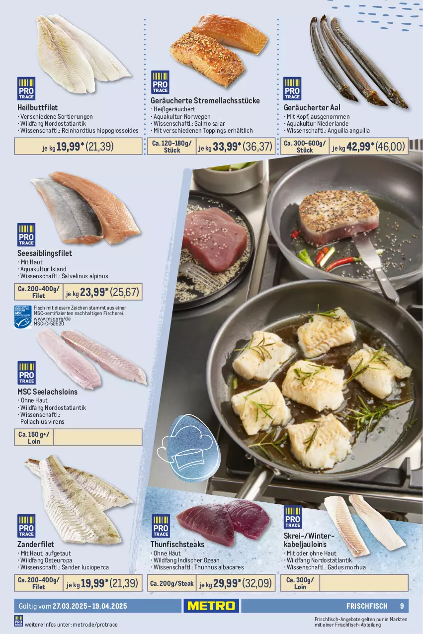 Aktueller Prospekt Metro - Feinkost Spezial - von 27.03 bis 19.04.2025 - strona 9 - produkty: Abtei, angebot, angebote, aqua, filet, fisch, fische, Fischer, frischfisch, Heilbuttfilet, hipp, lachs, Metro, rwe, Saibling, Schere, Seesaiblingsfilet, steak, steaks, thunfisch, Ti, Wild, Zander