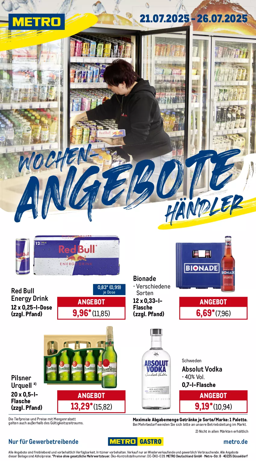 Aktueller Prospekt Metro - Wochen-Angebote Händler - von 21.07 bis 26.07.2025 - strona 1 - produkty: abholpreise, Absolut Vodka, angebot, angebote, bio, bionade, drink, eis, energy drink, flasche, getränk, getränke, ilag, Metro, Palette, pils, pilsner, pilsner urquell, Rauch, red bull, reis, rwe, Ti, tiefpreis, vodka