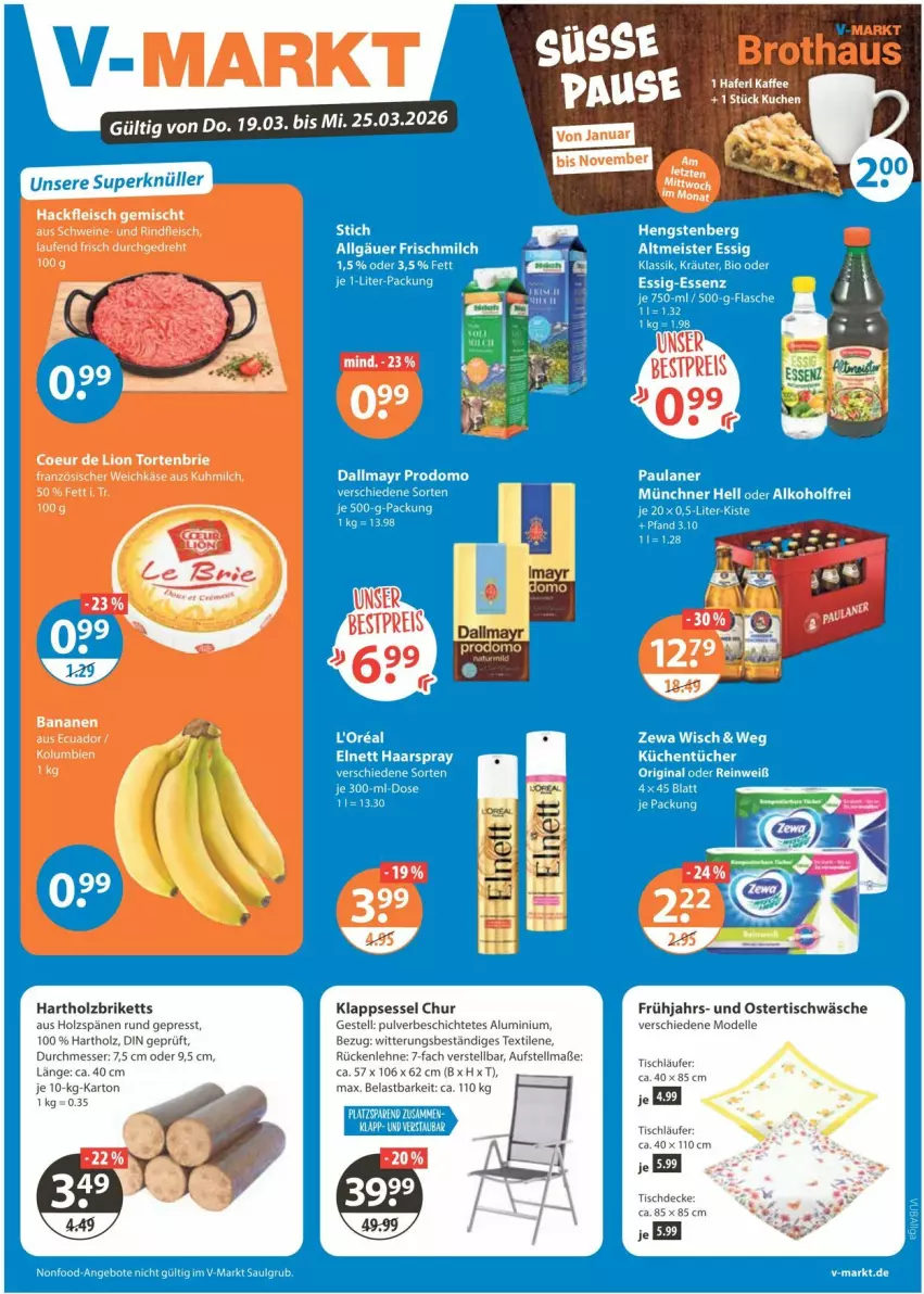Aktueller Prospekt Vmarkt - Prospekte - von 19.03 bis 25.03.2026 - strona 1 - produkty: banane, bananen, bestpreis, brie, briketts, decke, dell, eis, elle, fleisch, hackfleisch, hackfleisch gemischt, Holz, Holzbriketts, Käse, klappsessel, Läufer, lion, messer, milch, Mode, reis, rind, rindfleisch, rückenlehne, schwein, schweine, sessel, Ti, tisch, tischdecke, tischläufer, Tischwäsche, torte, weichkäse, wein, weine