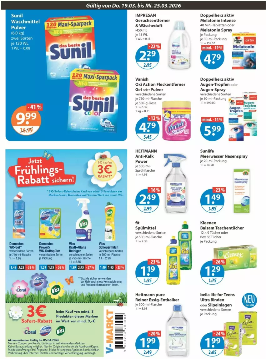 Aktueller Prospekt Vmarkt - Prospekte - von 19.03 bis 25.03.2026 - strona 12 - produkty: balsam, binden, bio, domestos, doppelherz, entkalker, essig, flasche, fleckentferner, heitmann, Heu, kraft, Meerwasser, milch, Nasenspray, oxi action, Rauch, reiniger, resa, rwe, scheuermilch, slip, slipeinlagen, sprühflasche, spülmittel, sunil, tablet, tablett, Tablette, Tasche, taschen, taschentücher, tee, Ti, tücher, vanish, vanish oxi action, wasser, wc-gel