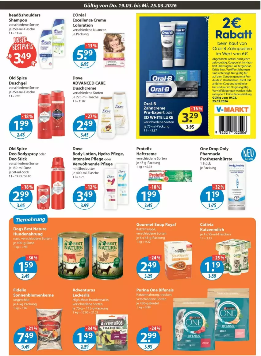 Aktueller Prospekt Vmarkt - Prospekte - von 19.03 bis 25.03.2026 - strona 13 - produkty: body, body lotion, bodyspray, bürste, butter, coupon, coupons, creme, deo, duschcreme, duschgel, elle, erde, flasche, gin, Haftcreme, loreal, Lotion, mac, Nuance, Old Spice, oral-b, shampoo, Sheabutter, Ti, zahncreme