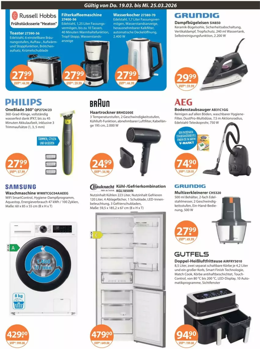 Aktueller Prospekt Vmarkt - Prospekte - von 19.03 bis 25.03.2026 - strona 20 - produkty: aeg, akku, aqua, aquastop, auto, Behälter, beleuchtung, bodenstaubsauger, bügel, Bügeleisen, dampfbügeleisen, edelstahl, eis, fenster, Finish, fritteuse, gefrierkombination, gliss, haartrockner, Heißluftfritteuse, korb, leine, messer, Rauch, Reinigung, russell hobbs, Samsung, Schal, schubladen, staubsauger, Teleskop, Ti, Trockner, waschmaschine, wasser, wassertank, Zerkleinerer