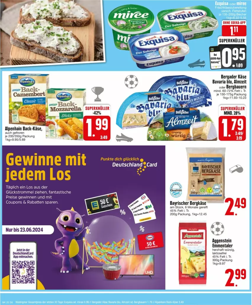 Aktueller Prospekt Edeka - Prospekte - von 17.06 bis 22.06.2024 - strona 6 - produkty: Alpenhain, asti, auer, Bau, Bauer, bavaria blu, bergader, Bergkäse, coupon, coupons, eis, emmentaler, fanta, Käse, reis, Ria, Ti, tisch, trommel