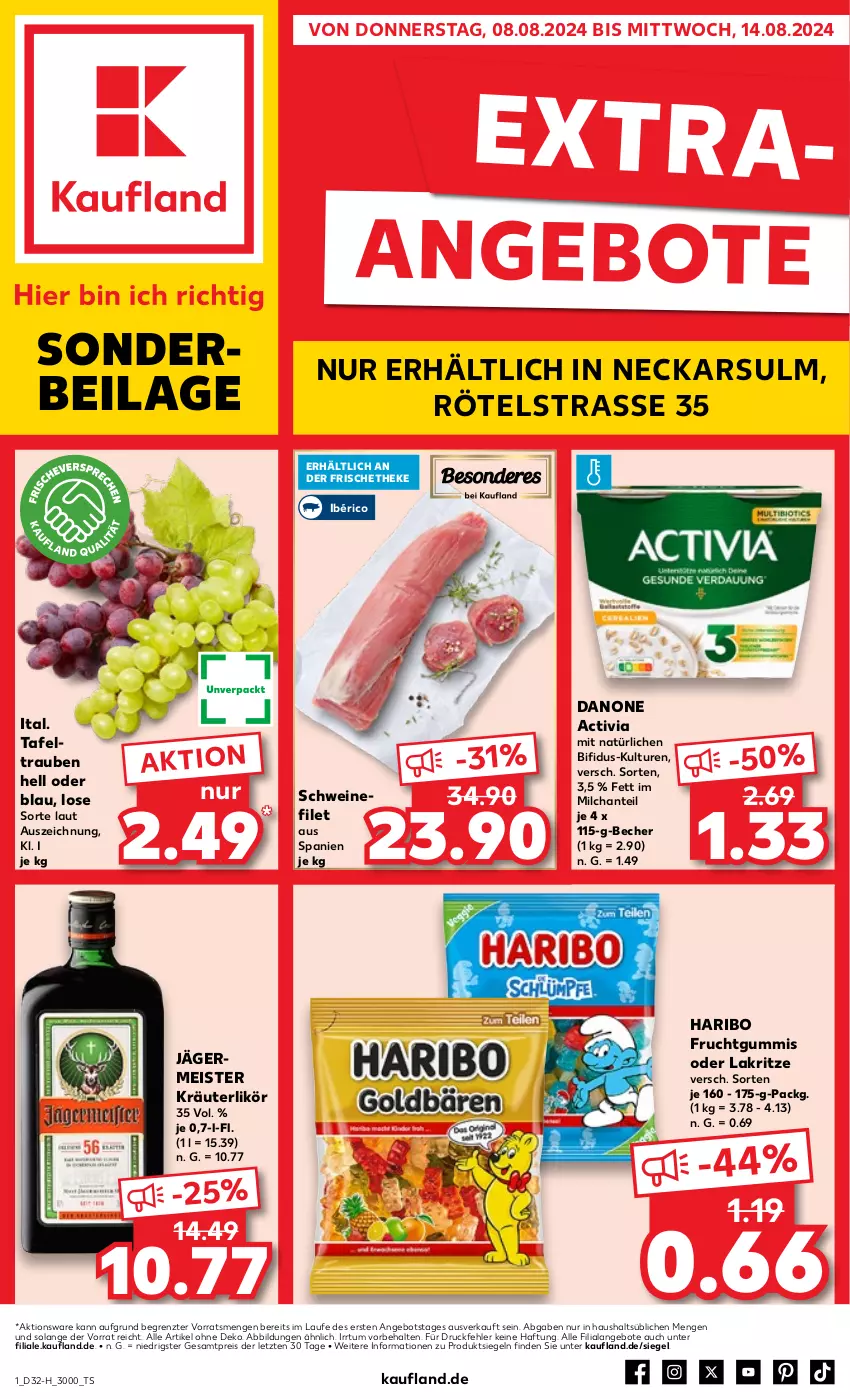 Aktueller Prospekt Kaufland - Extra-Angebote - von 08.08 bis 14.08.2024 - strona 1 - produkty: activia, angebot, angebote, Becher, bifi, danone, danone activia, eis, filet, frucht, fruchtgummi, fruchtgummis, Germ, haribo, ilag, jägermeister, kräuter, kräuterlikör, Lakritz, likör, Meister, milch, oder lakritz, reis, schwein, schweine, schweinefilet, tafeltrauben, Ti, trauben, wein, weine, ZTE