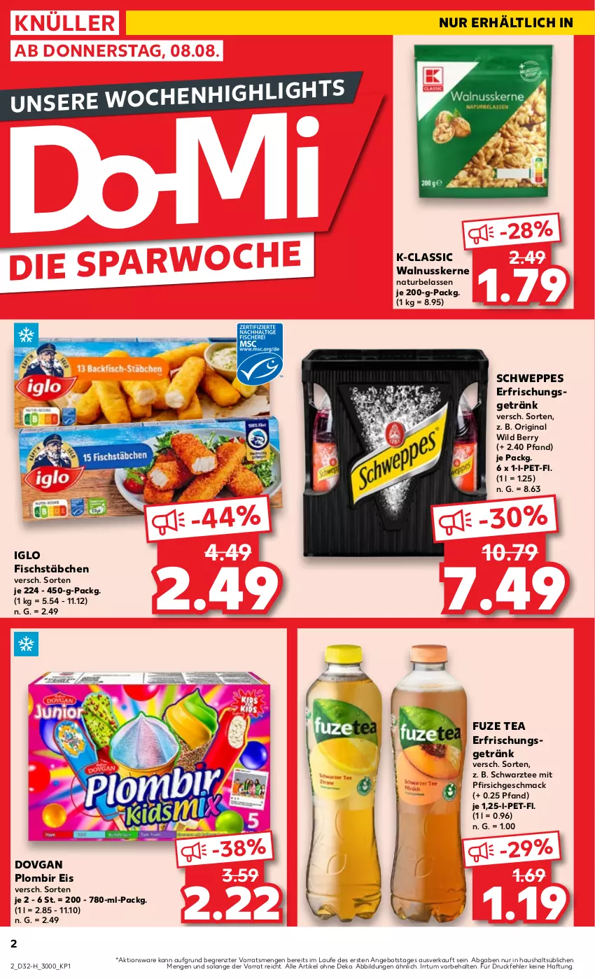 Aktueller Prospekt Kaufland - Extra-Angebote - von 08.08 bis 14.08.2024 - strona 2 - produkty: angebot, dovgan, eis, erfrischungsgetränk, fisch, fischstäbchen, fuze tea, getränk, gin, iglo, mac, natur, nuss, pfirsich, schweppes, tee, Ti, walnuss, walnusskerne, Wild, wild berry, ZTE