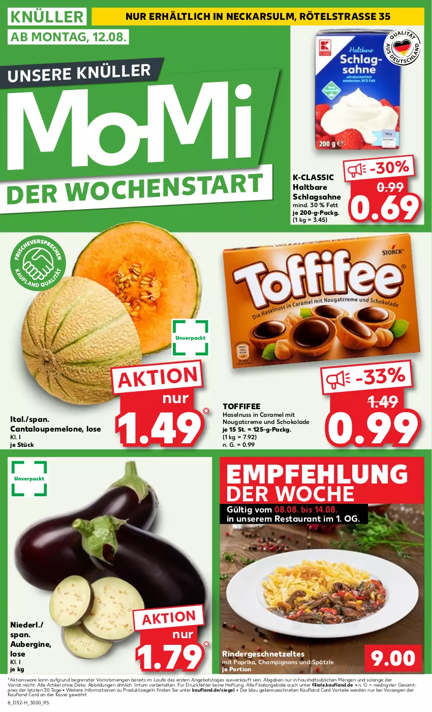 Aktueller Prospekt Kaufland - Extra-Angebote - von 08.08 bis 14.08.2024 - strona 8 - produkty: angebot, angebote, aubergine, caramel, champignon, champignons, creme, eis, erde, geschnetzeltes, gin, haselnuss, melone, mit paprika, Nougatcreme, nuss, paprika, reis, rind, rinder, Rindergeschnetzeltes, sahne, schlagsahne, schoko, schokolade, Ti, toffifee, Zelt, ZTE