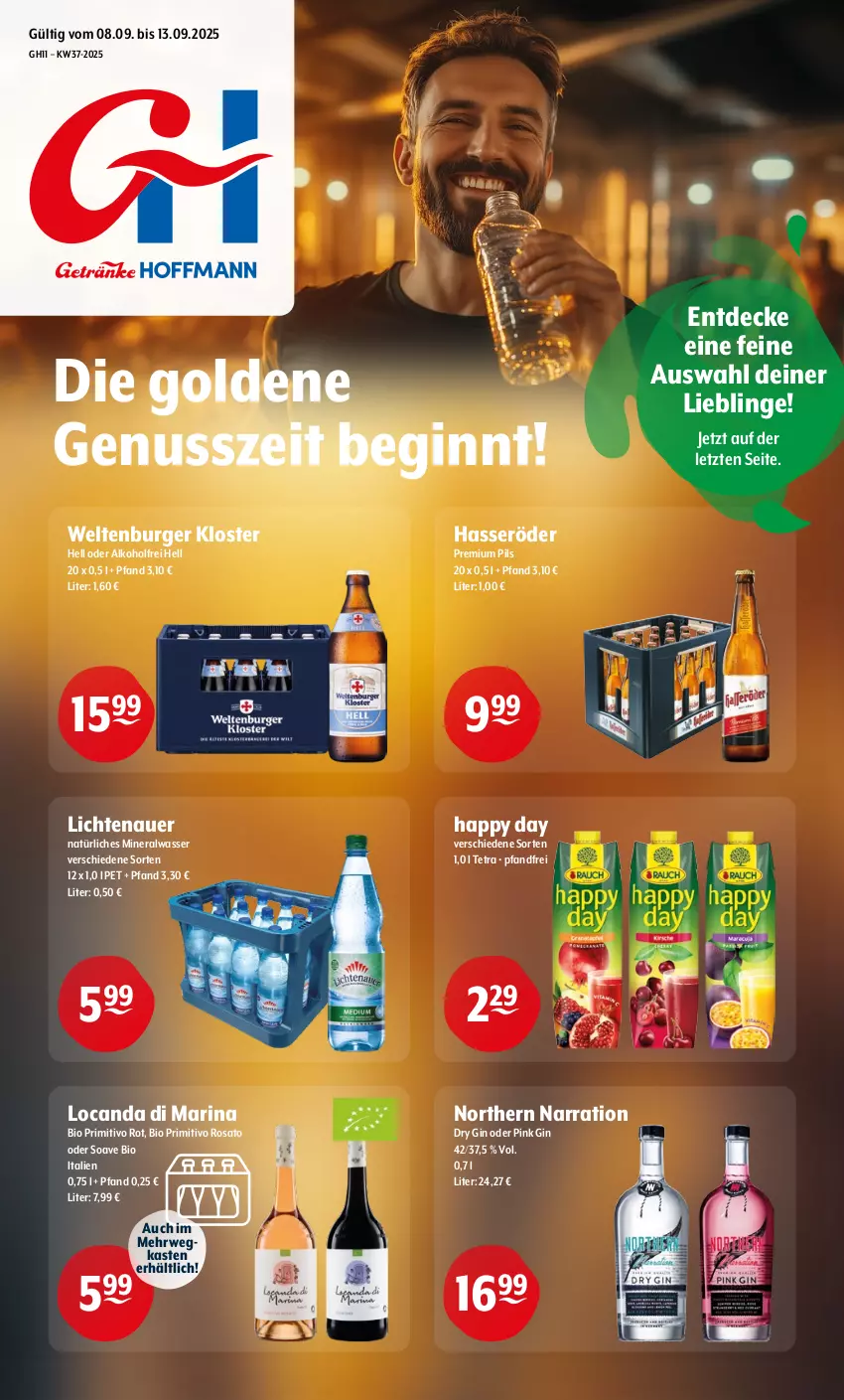 Aktueller Prospekt Getraenke Hoffmann - Prospekte - von 08.09 bis 13.09.2025 - strona 1 - produkty: alkohol, Alwa, auer, bio, burger, decke, dry gin, gin, Happy Day, hasseröder, lichtenauer, mineralwasser, natürliches mineralwasser, nuss, pils, premium pils, primitivo, rosato, rwe, Ti, wasser, ZTE