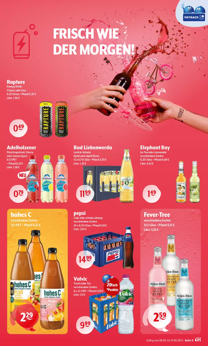 Aktueller Prospekt Getraenke Hoffmann - Prospekte - von 08.09 bis 13.09.2025 - strona 3 - produkty: adelholzener, apfel, Bad, Bad Liebenwerda, cola, drink, Elephant Bay, energy drink, fever-tree, grapefruit, Hohes C, Holz, ice tea, lemonade, pepsi, Pepsi Cola, schorle, Schwip Schwap, Sport, tee, Ti, volvic