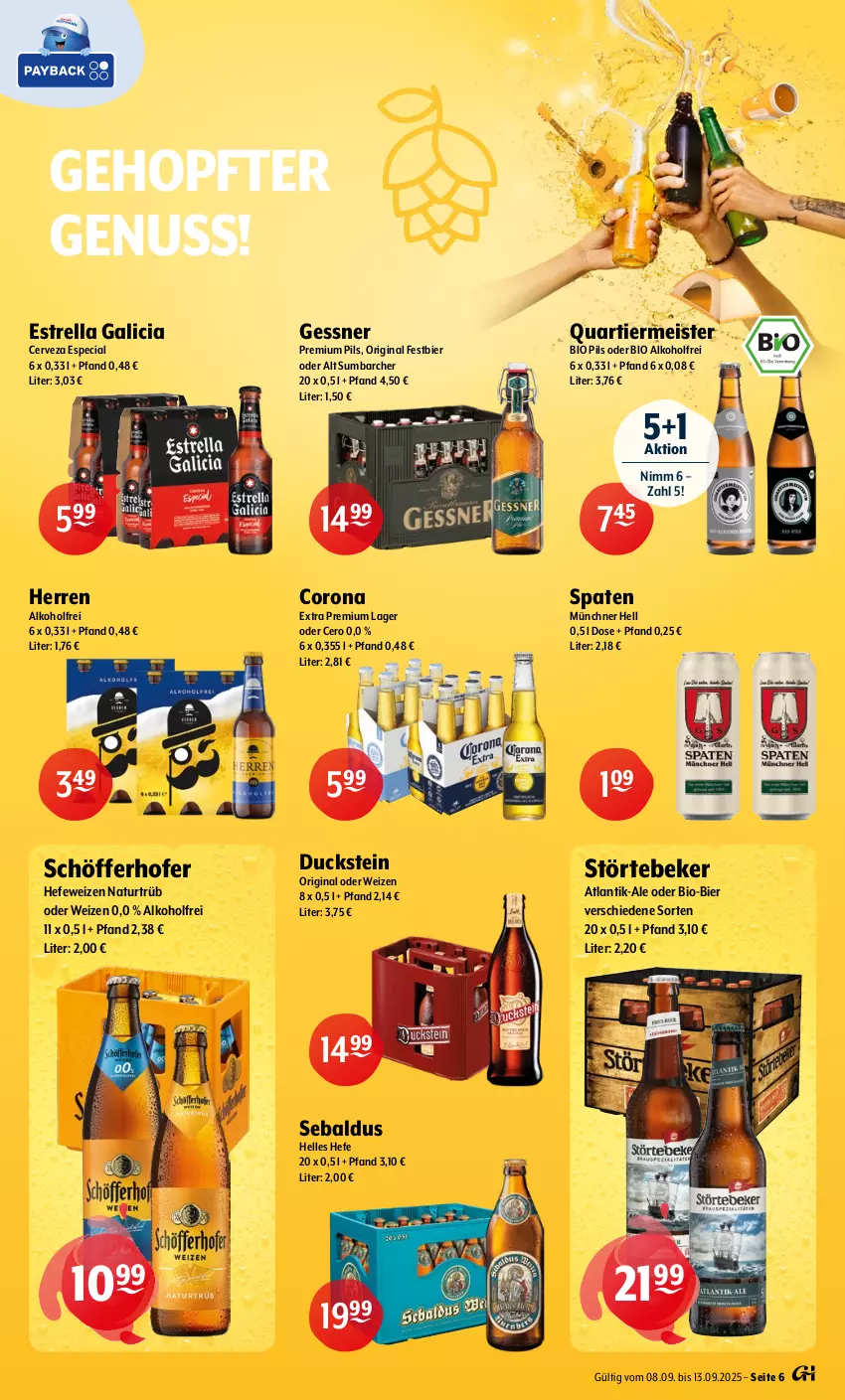 Aktueller Prospekt Getraenke Hoffmann - Prospekte - von 08.09 bis 13.09.2025 - strona 6 - produkty: alkohol, bier, bio, corona, Duck, eis, elle, Gessner, gin, Hefe, hefeweizen, Meister, natur, nuss, pils, premium pils, rel, schöfferhofer, Spaten, störtebeker, Ti