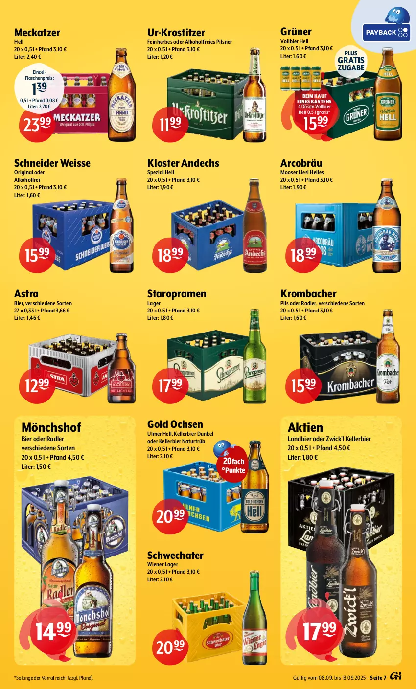 Aktueller Prospekt Getraenke Hoffmann - Prospekte - von 08.09 bis 13.09.2025 - strona 7 - produkty: alkohol, Astra, bier, eis, elle, flasche, gin, kellerbier, Kloster Andechs, krombache, krombacher, mönchshof, natur, oder radler, pils, pilsner, radler, reis, Schwechater, Spezi, Staropramen, Ti, WICK, wiener