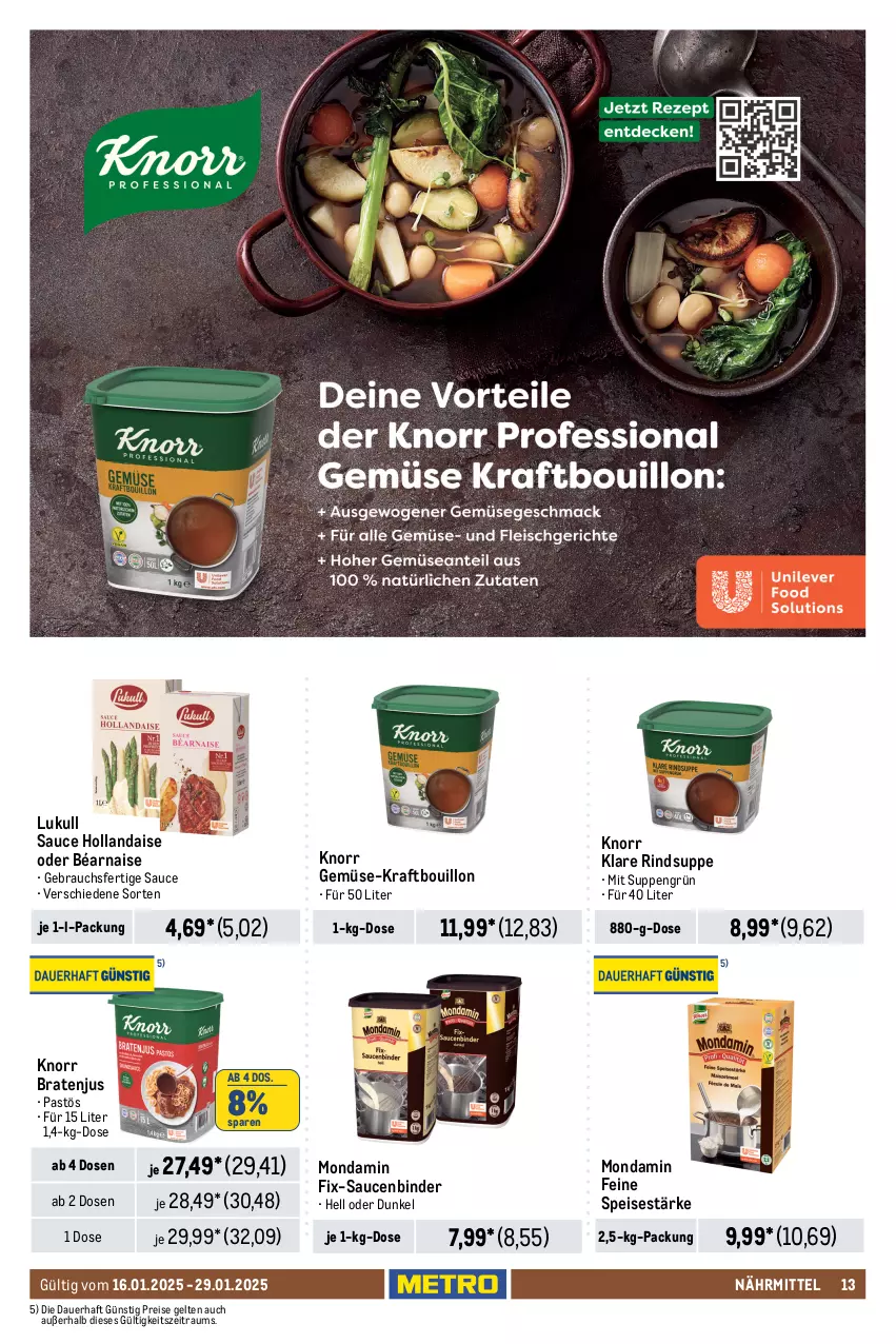 Aktueller Prospekt Metro - GastroJournal - von 16.01 bis 29.01.2025 - strona 13 - produkty: antipasti, apostels, asti, auer, bag-in-box, braten, butter, coupon, creme, eier, eimer, eis, frischli, hollandaise, joghur, joghurt, knorr, Kochcreme, Konserven, kraft, Kraut, krautsalat, lukull, milch, mondamin, nudel, nudeln, paprika, pfanne, pfannen, pudding, rama, rama cremefine, Rauch, reifen, reis, rind, rwe, salat, sauce, sauce hollandaise, saucen, Schal, Schale, suppe, suppen, Ti