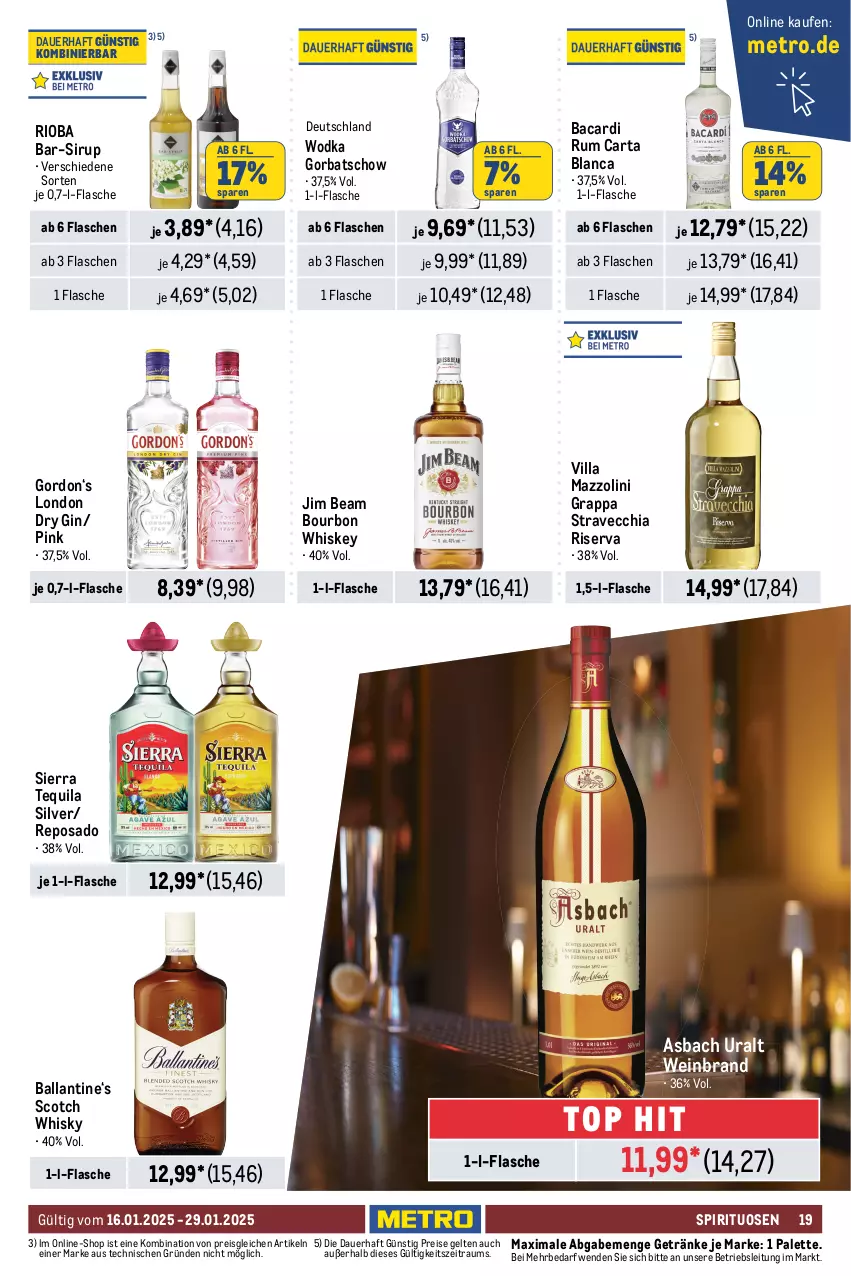 Aktueller Prospekt Metro - GastroJournal - von 16.01 bis 29.01.2025 - strona 19 - produkty: asbach uralt, auer, bacardi, bacardi rum, ball, bourbon, bourbon whiskey, chia, drink, dry gin, eis, elle, erde, flasche, getränk, getränke, gin, Gorbatschow, gordon, grappa, hafer, Haferdrink, jim beam, kaffee, london dry, london dry gin, Metro, milch, Palette, reis, rioba, riserva, rum, scotch, scotch whisky, Sierra, sierra tequila, sirup, Software, spirituosen, tequila, Ti, tisch, wein, weinbrand, whiskey, whisky, wodka