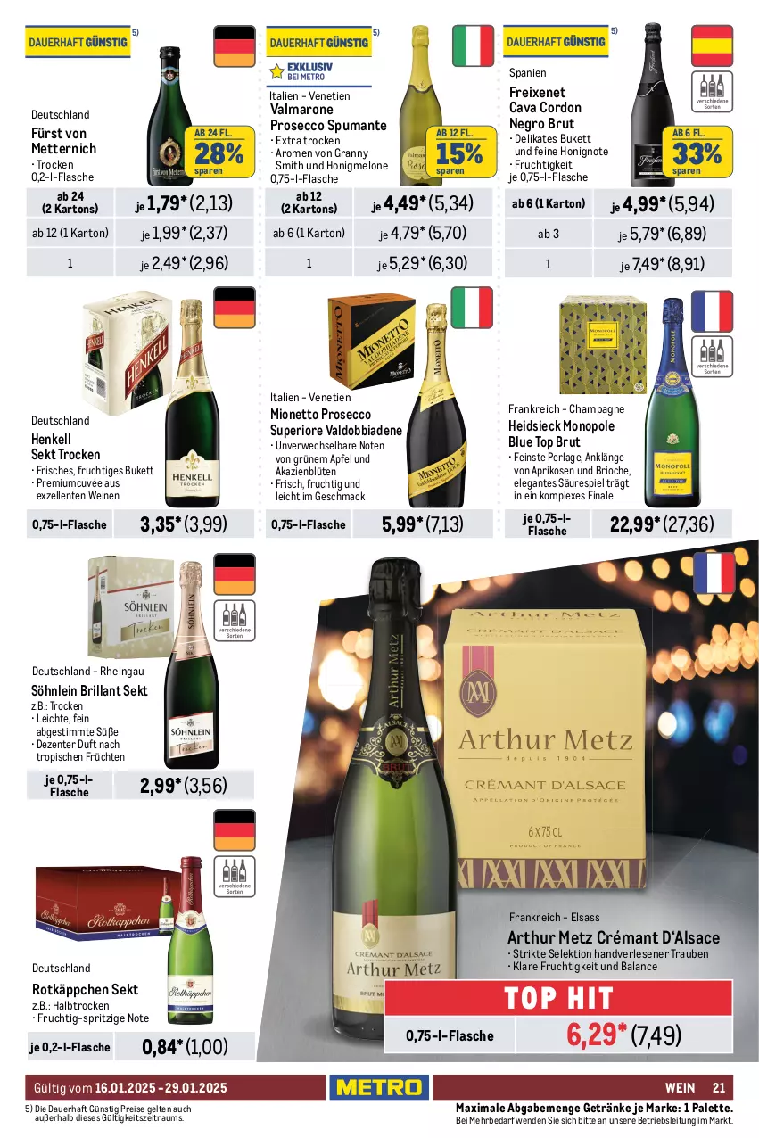 Aktueller Prospekt Metro - GastroJournal - von 16.01 bis 29.01.2025 - strona 21 - produkty: apfel, aprikose, aprikosen, asti, auer, Bad, beere, beeren, Blüte, brillant sekt, brombeere, brombeeren, brut, burgunder, Cap, Casali, Cava, champagne, cuvée, ecco, eis, elle, ente, ernesto, flasche, freixenet, frucht, früchte, früchten, fürst von metternich, getränk, getränke, gewürz, grauburgunder, grauer burgunder, henkel, henkell, henkell sekt, honig, honigmelone, Käse, kirsch, kirsche, mac, mandel, mandeln, melone, Mett, metternich, mionetto, Palette, Papaya, perla, pfirsich, Pinot, pinot grigio, primitivo, prosecco, puma, Rauch, reis, Ria, Rivaner, rotkäppchen, rwe, sac, sekt, sim, söhnlein, söhnlein brillant, spumante, tempranillo, Ti, tisch, trauben, valdo, vanille, wein, weine, Weißwein, Weste